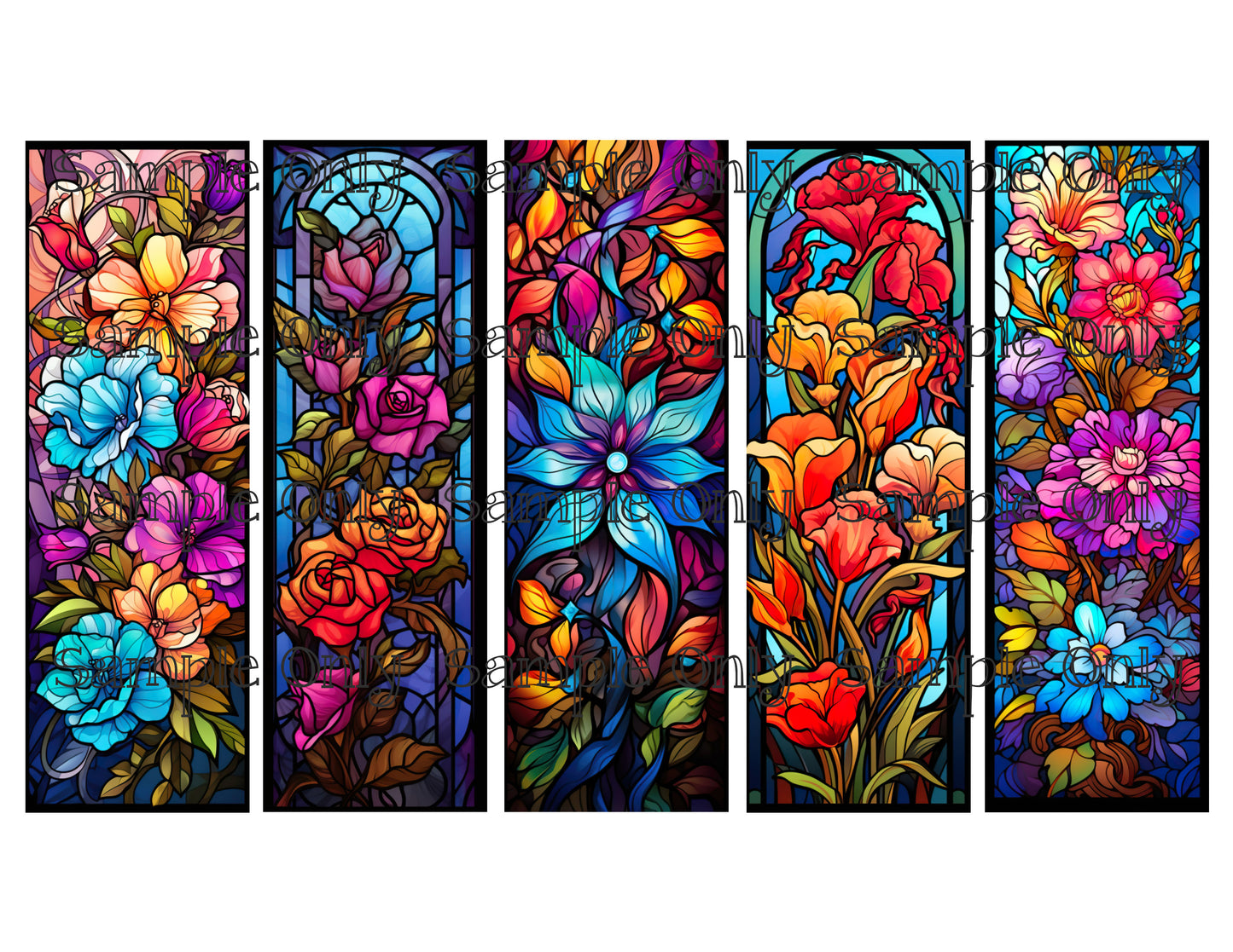 Stained Glass Flowers Bookmark Set 06 Printed Water Soluble Image Transfer Sheet For Polymer Clay