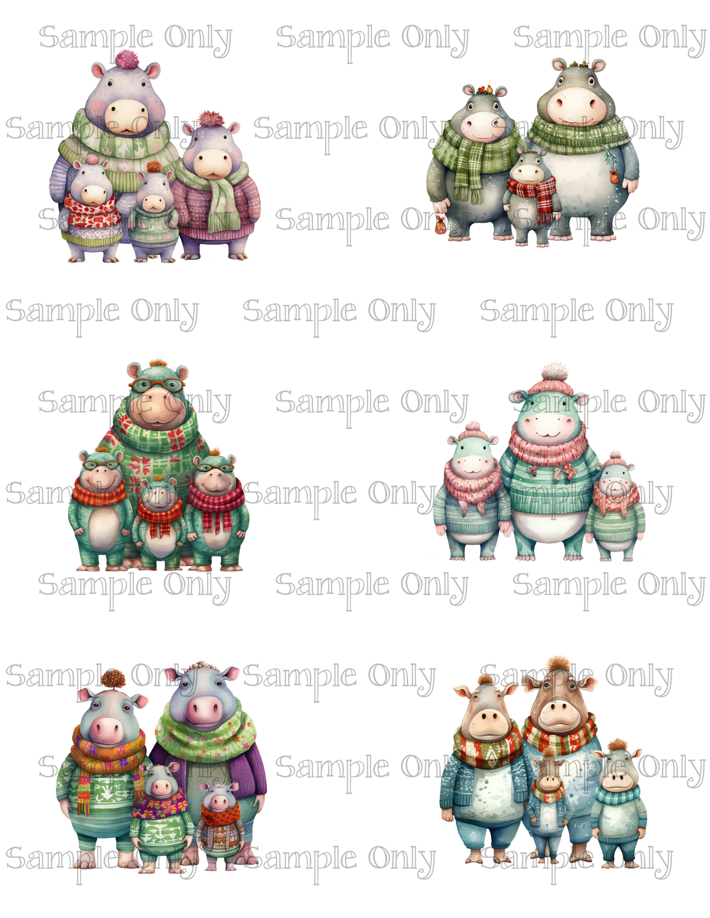 2.5 Inch Animal Families- Hippo 05 Image Sheet For Polymer Clay Transfer Decal DIGITAL FILE OR PRINTED
