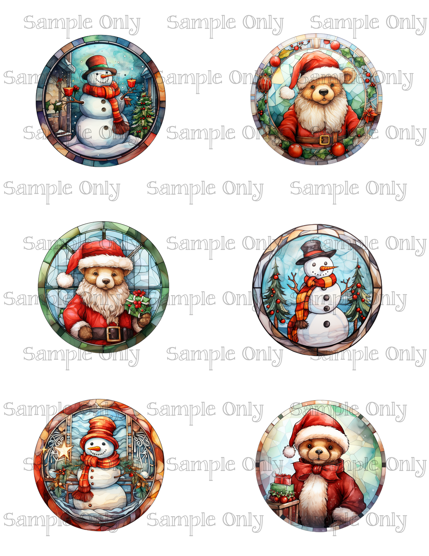 2.5 Inch Christmas Stained Glass Snowman and Bear Image Sheet For Polymer Clay Transfer Decal DIGITAL FILE OR PRINTED