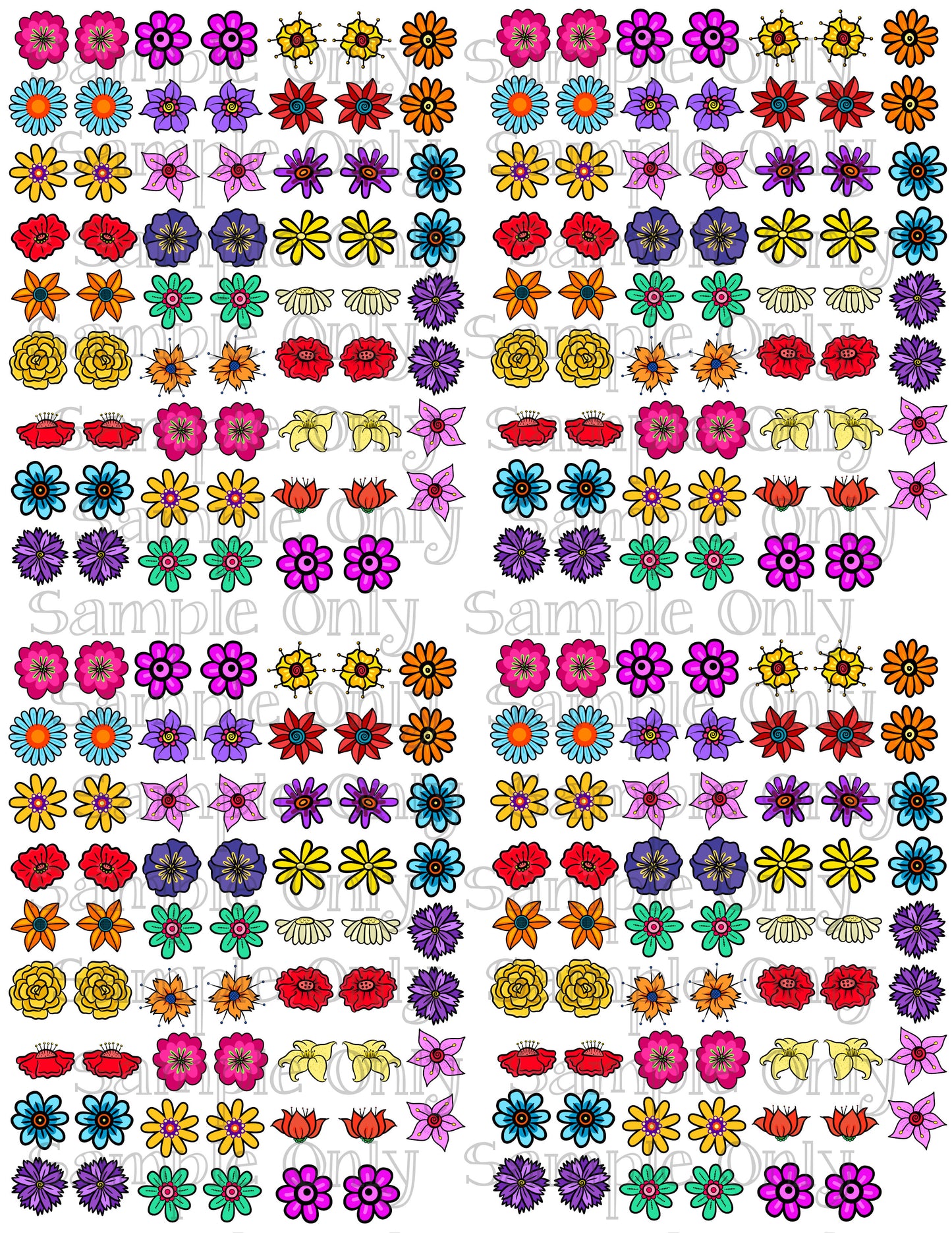 Bright Floral Doodle Flowers Image Sheet For Polymer Clay Transfer Decal DIGITAL FILE OR PRINTED