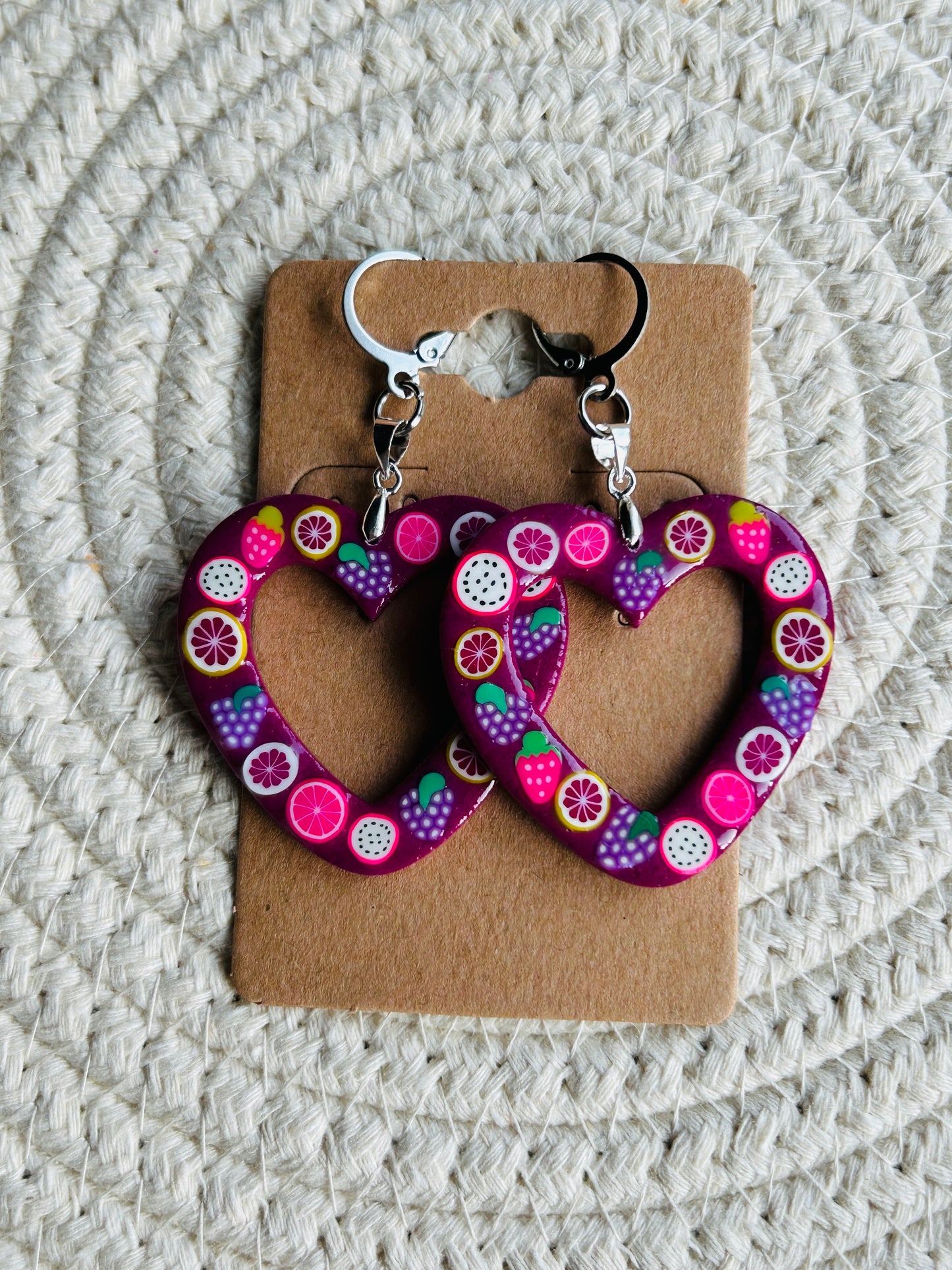 Fancy Fruit Statement Heart Dangle Earrings YOU CHOOSE FROM 6 COLORS