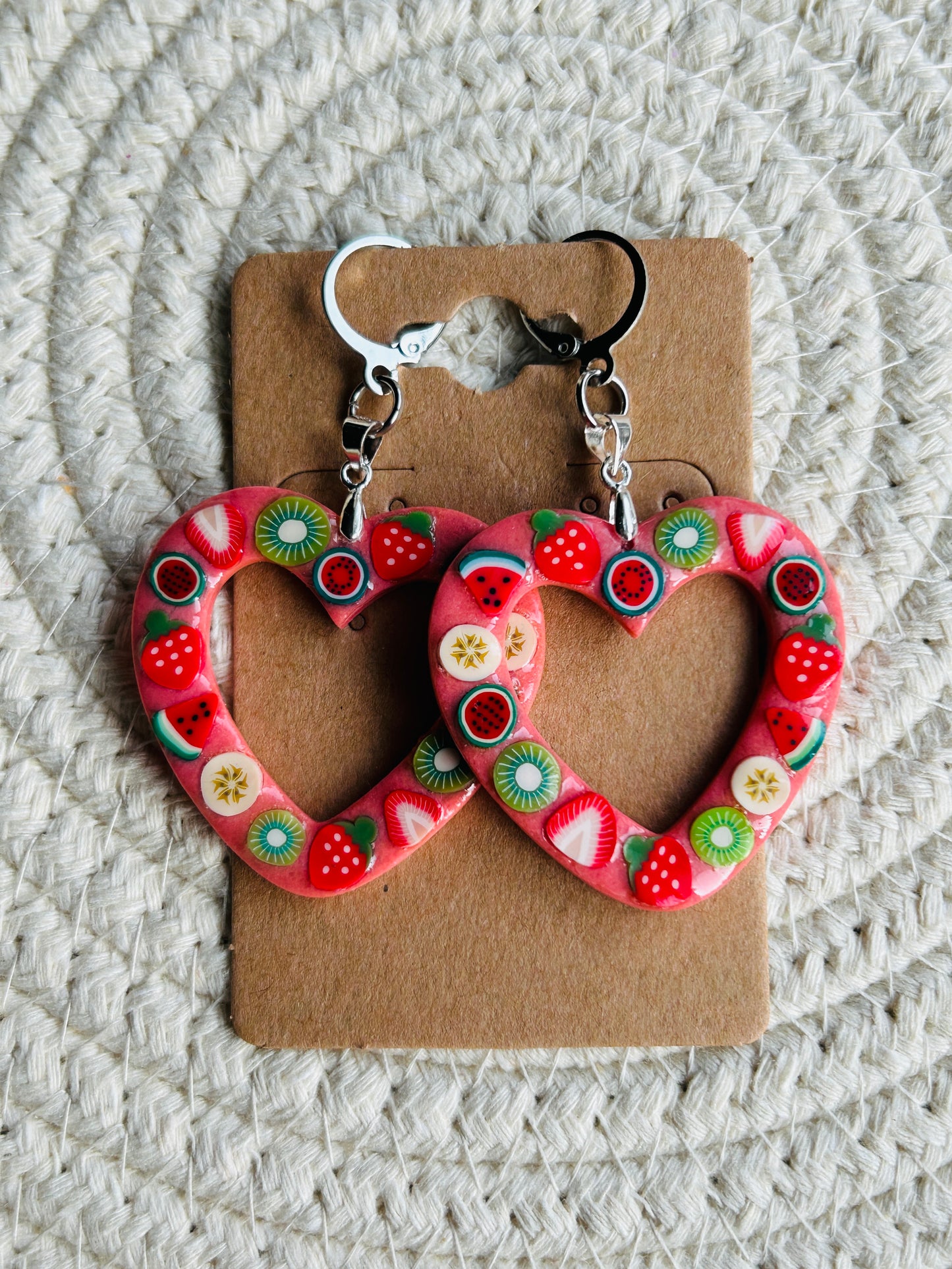 Fancy Fruit Statement Heart Dangle Earrings YOU CHOOSE FROM 6 COLORS