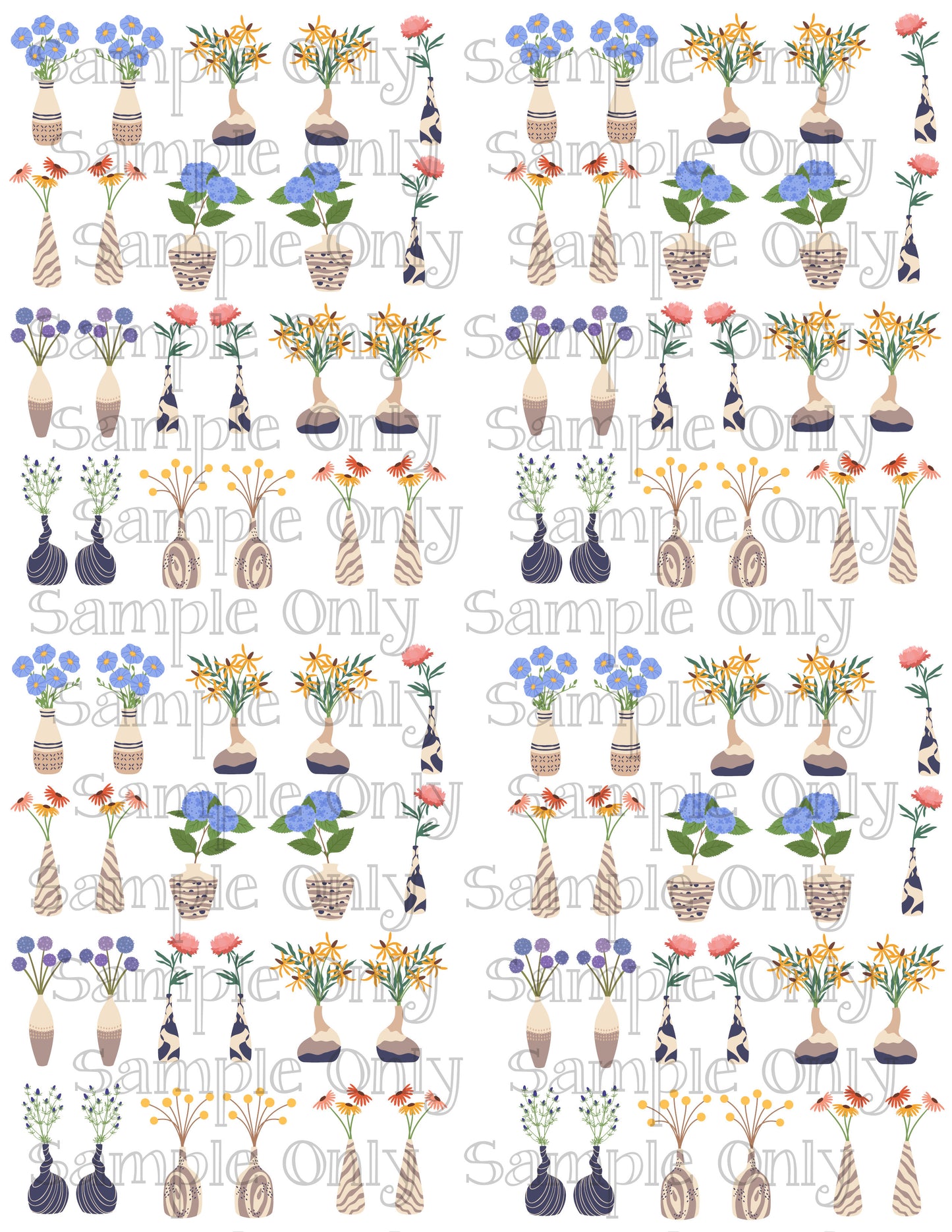 Flower Arrangements In Boho Vases Set 1 Image Sheet For Polymer Clay Transfer Decal DIGITAL FILE OR PRINTED