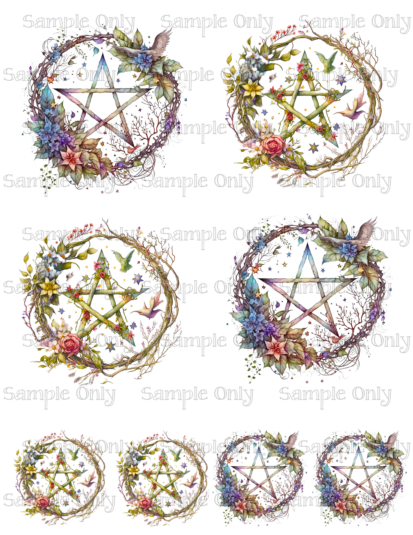 3.5 Inch Pagan Floral Pentagram Image Sheet For Polymer Clay Transfer Decal DIGITAL FILE OR PRINTED