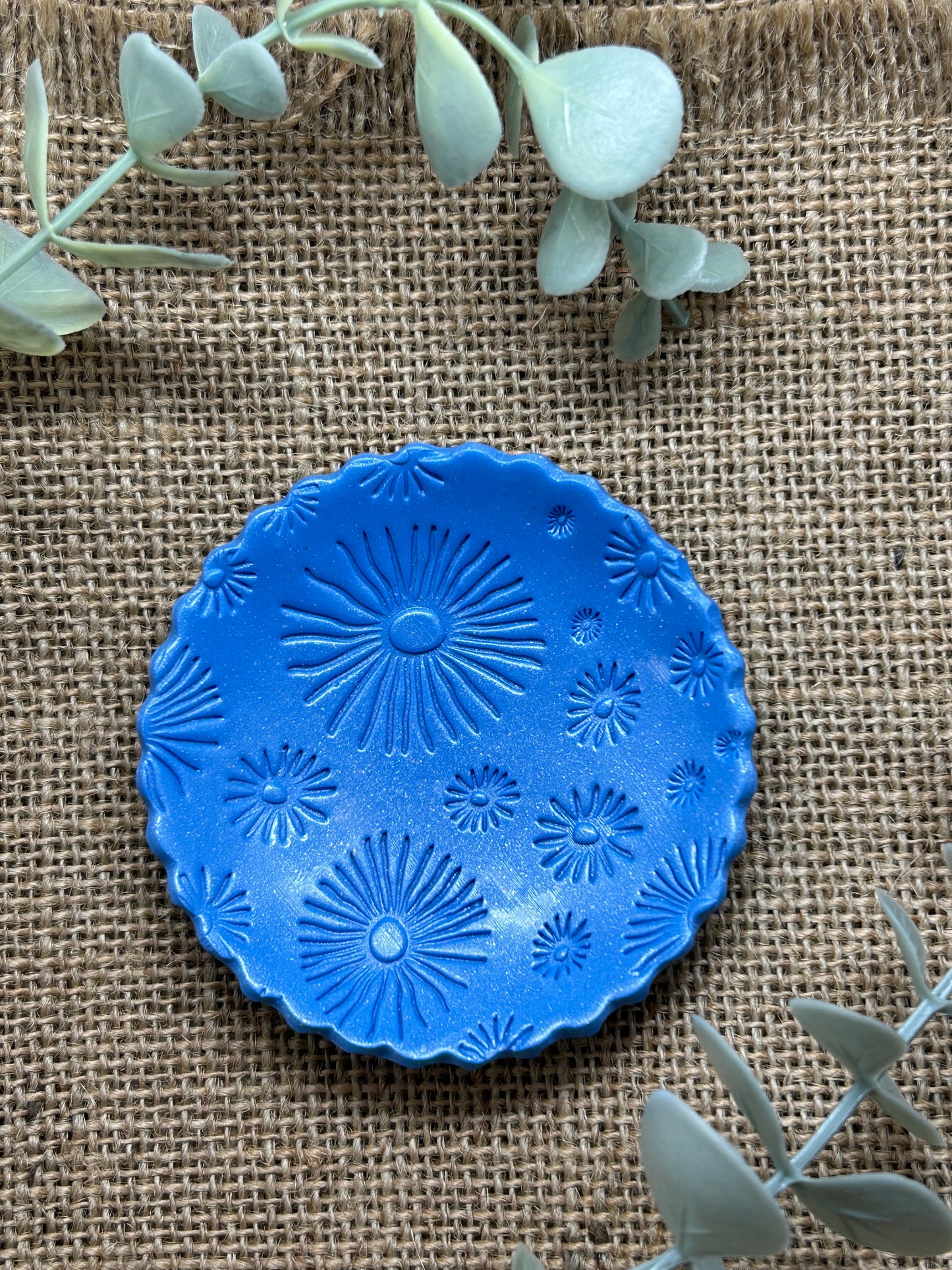 Sparkling Blue Sea Anemone Polymer Clay Jewelry Trinket Ring Dish - Size Small 3 Inch