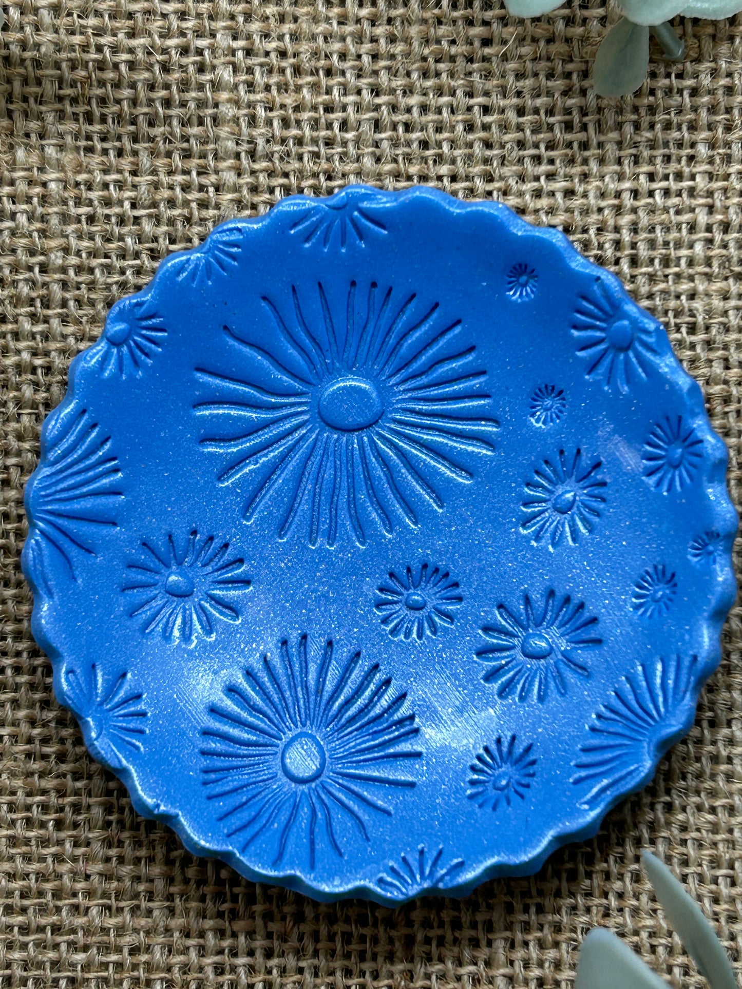 Sparkling Blue Sea Anemone Polymer Clay Jewelry Trinket Ring Dish - Size Small 3 Inch