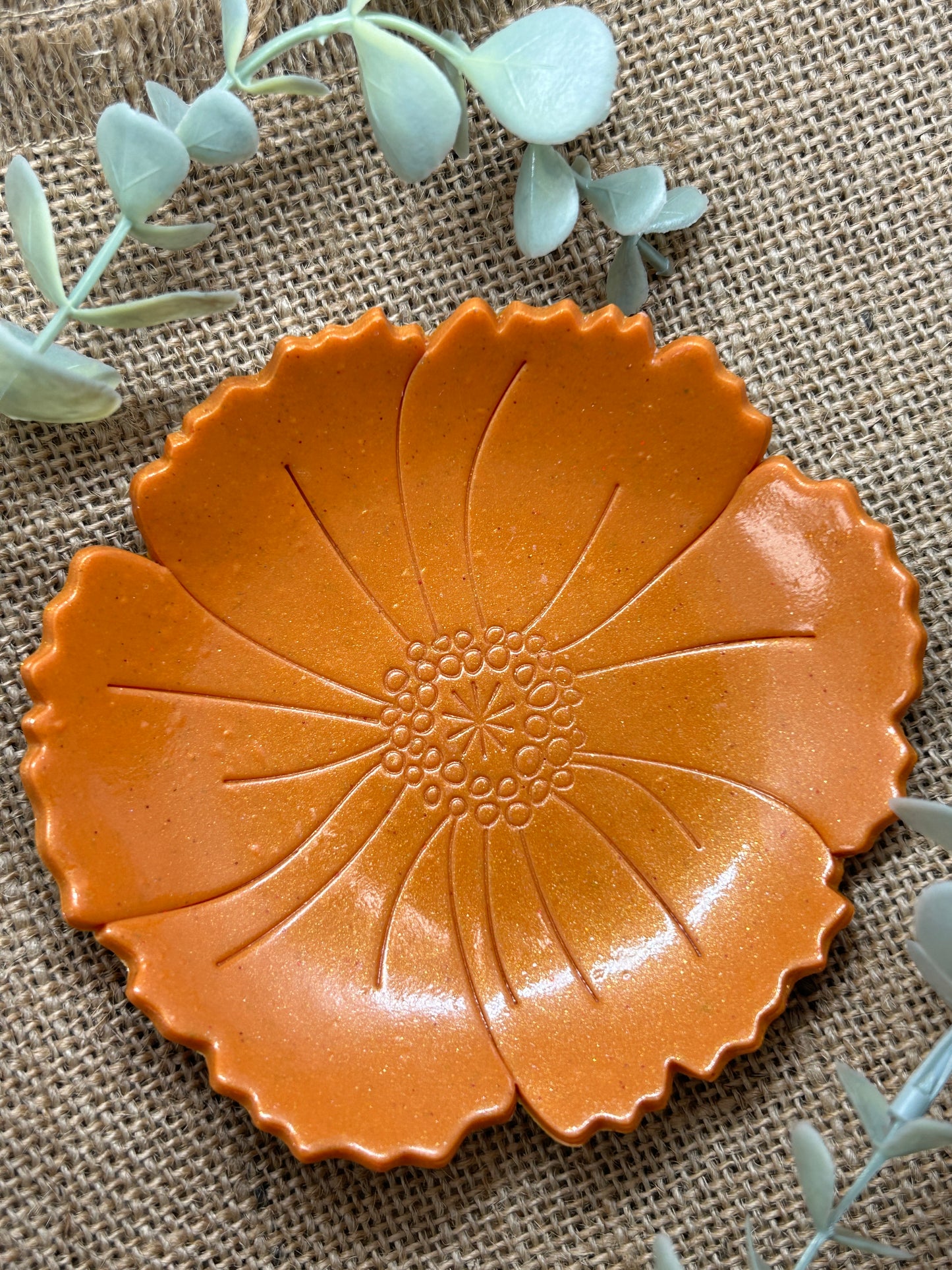 Shimmering Orange Poppy Flower Polymer Clay Jewelry Trinket Ring Dish - Size Med 4.5 Inches