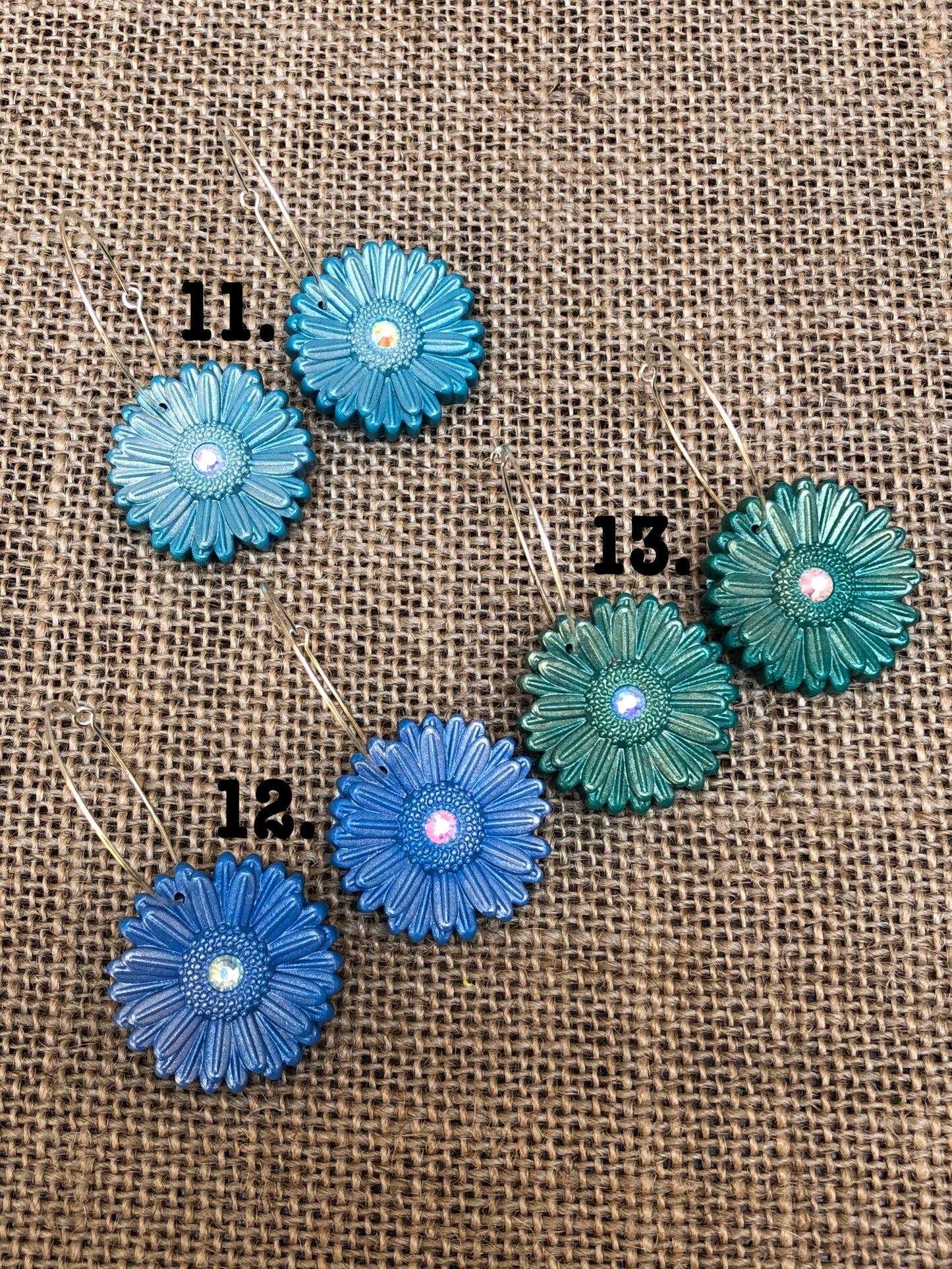 Boho Shimmery Rhinestone Gerber Daisy Floral Hoop Earrings YOU CHOOSE