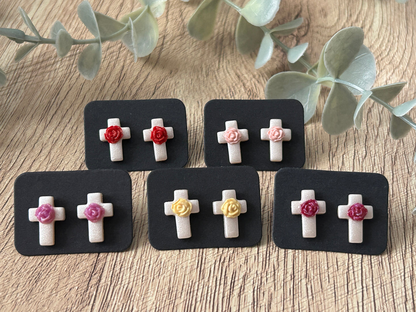 Small Pearl Shimmery Rose Floral Cross Polymer Clay Stud Earrings YOU CHOOSE From 5 Colors