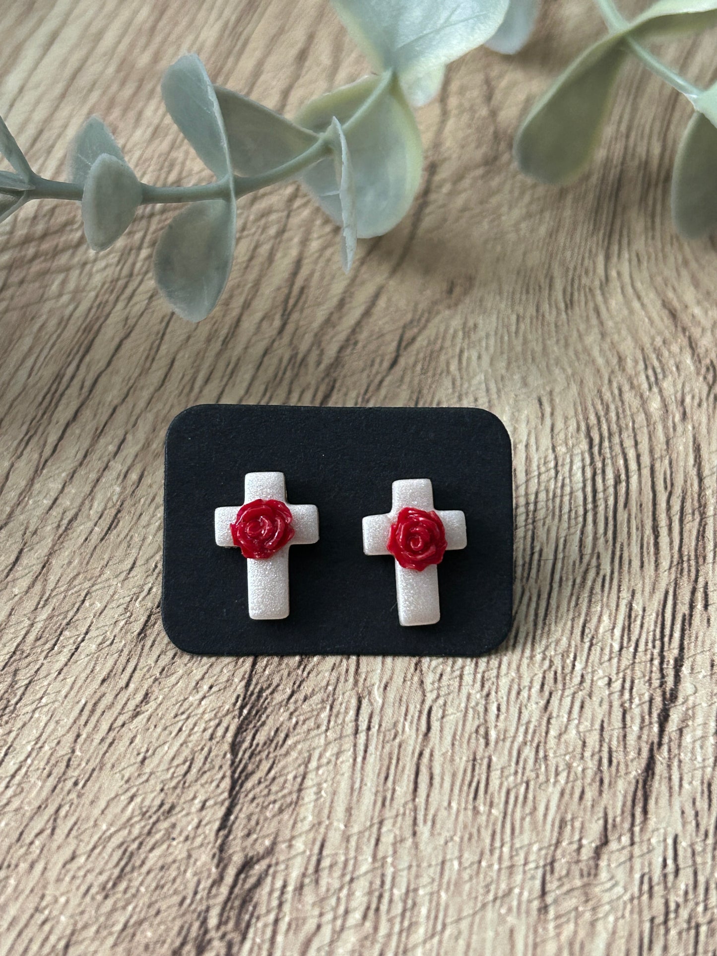 Small Pearl Shimmery Rose Floral Cross Polymer Clay Stud Earrings YOU CHOOSE From 5 Colors