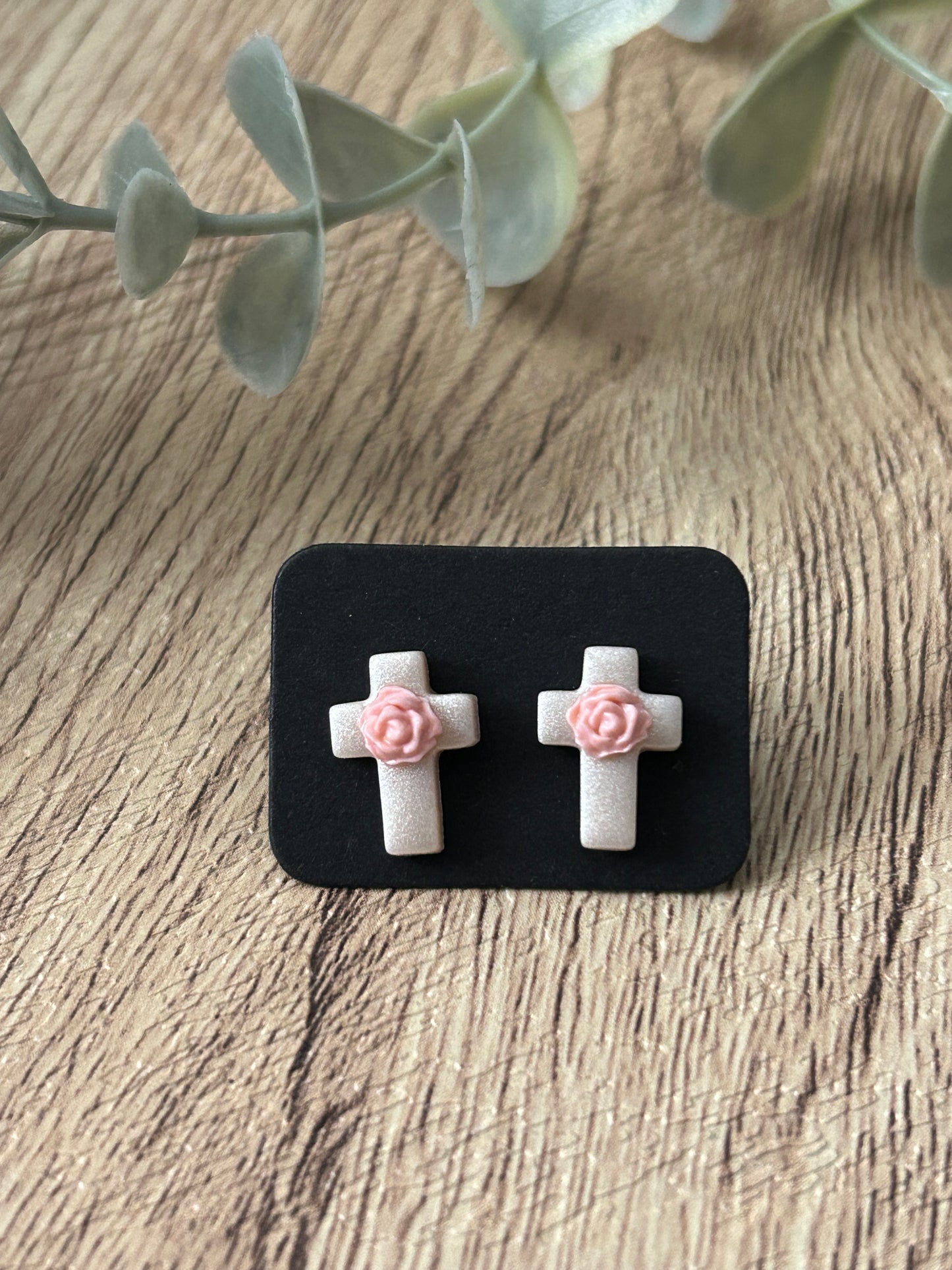 Small Pearl Shimmery Rose Floral Cross Polymer Clay Stud Earrings YOU CHOOSE From 5 Colors