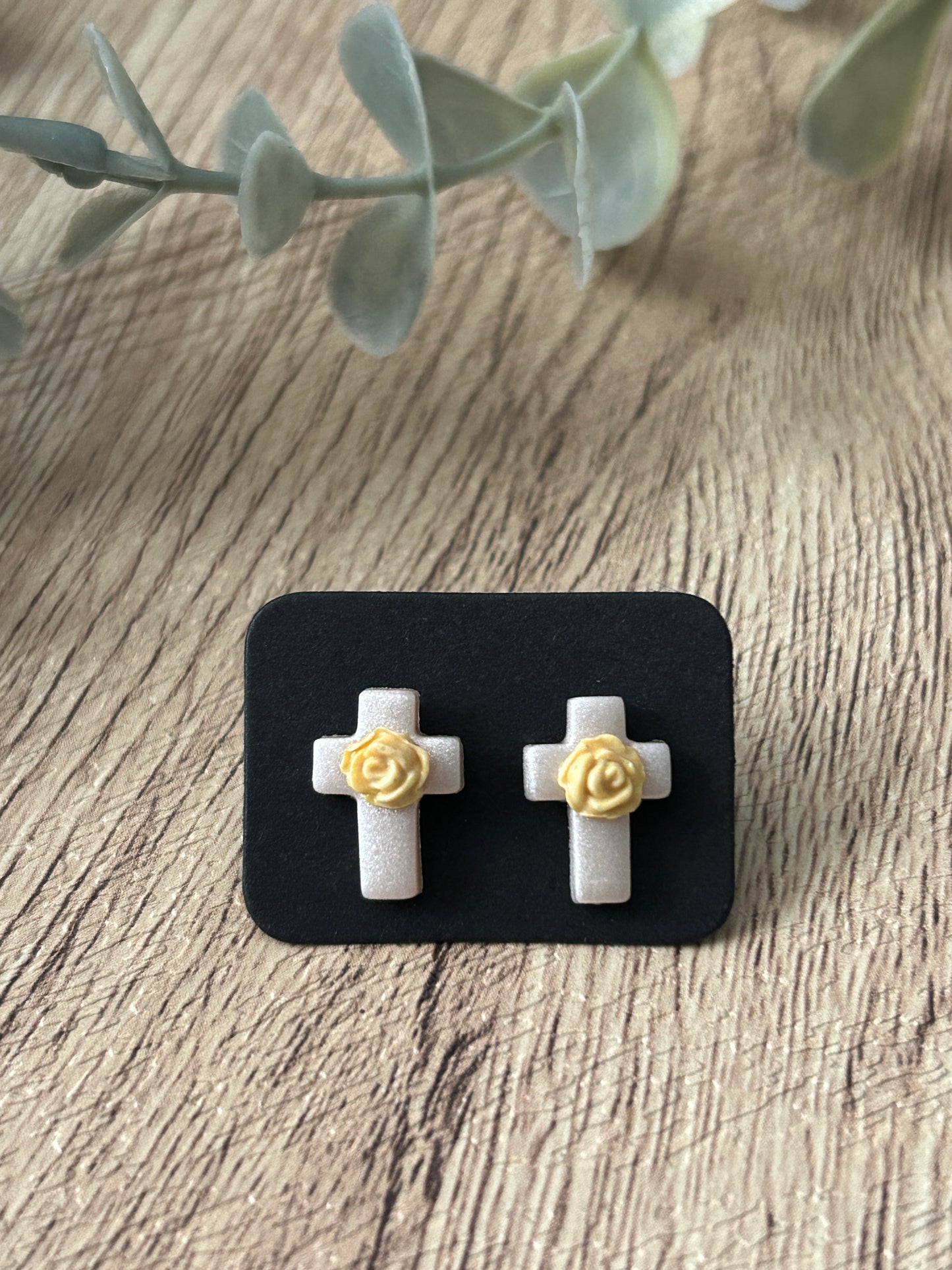 Small Pearl Shimmery Rose Floral Cross Polymer Clay Stud Earrings YOU CHOOSE From 5 Colors