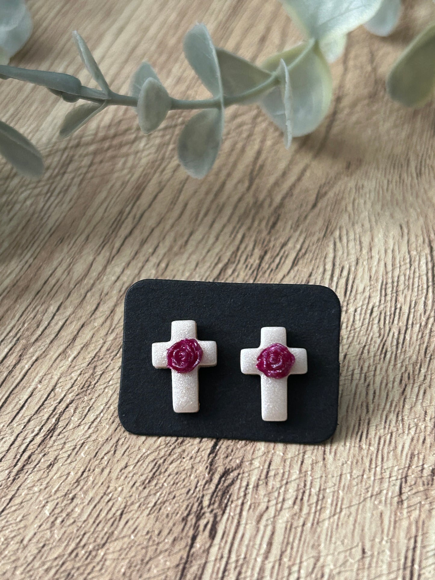 Small Pearl Shimmery Rose Floral Cross Polymer Clay Stud Earrings YOU CHOOSE From 5 Colors