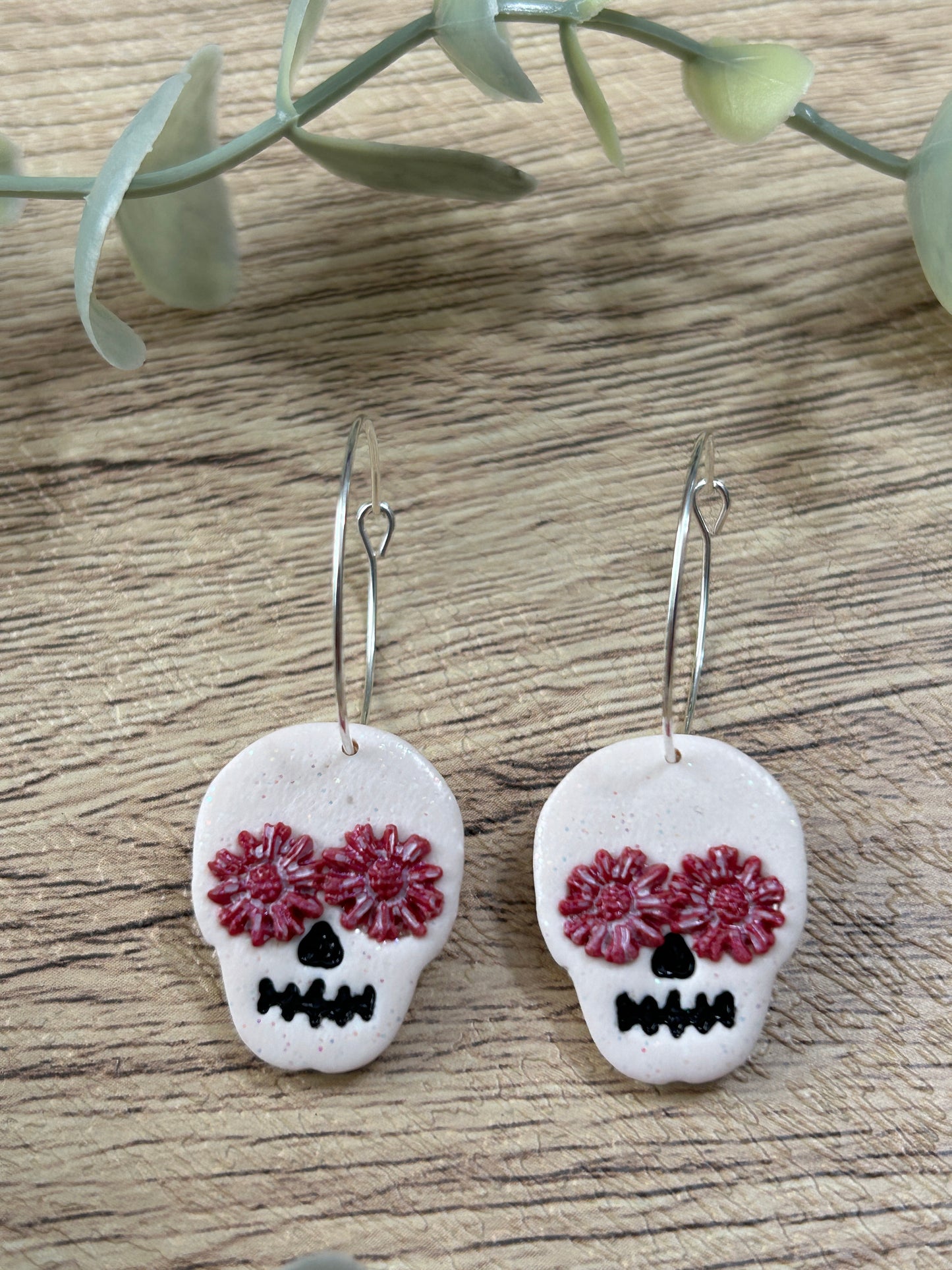 Glittery Sugar Skull Flower Statement Dangle Hoop Earrings YOU CHOOSE From 5 Colors