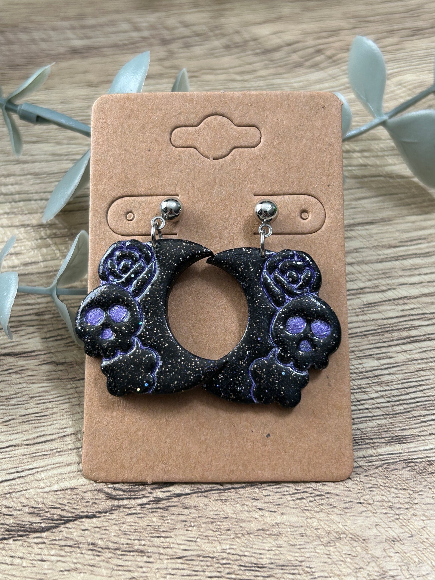 Skull and Floral Boho Moon Statement Dangle Earrings Purple Pearl