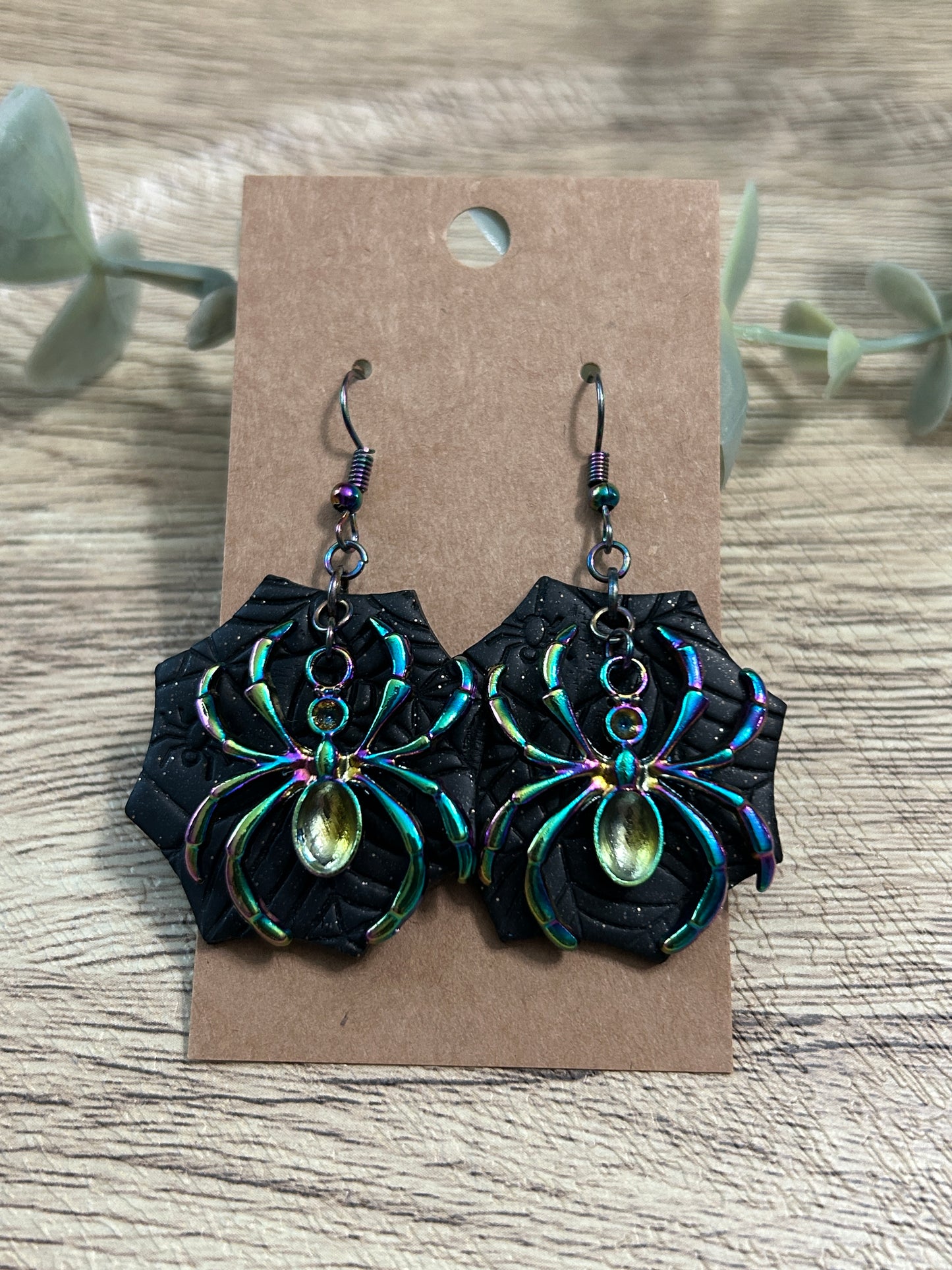 Black Rainbow Spider and Web Statement Dangle Earrings YOU CHOOSE From 4 Colors
