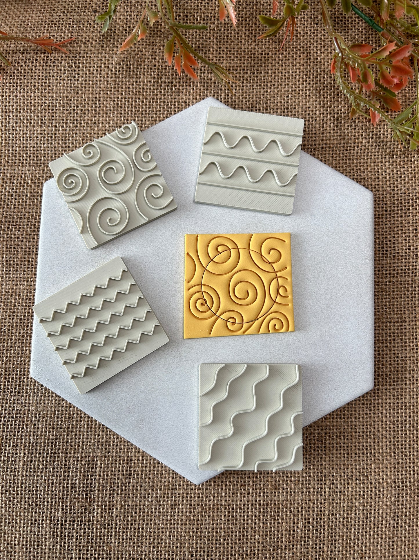 4Pc - 2 Inch Swirls and Waves Pattern Texture Stamps For Polymer Clay