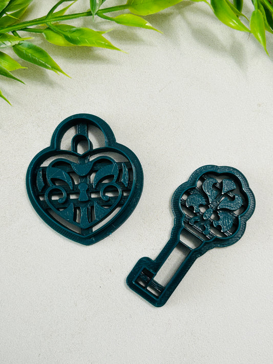 2pc Vintage Ornate Lock and Key Imprint Polymer Clay Cutter 5 Sizes You Choose