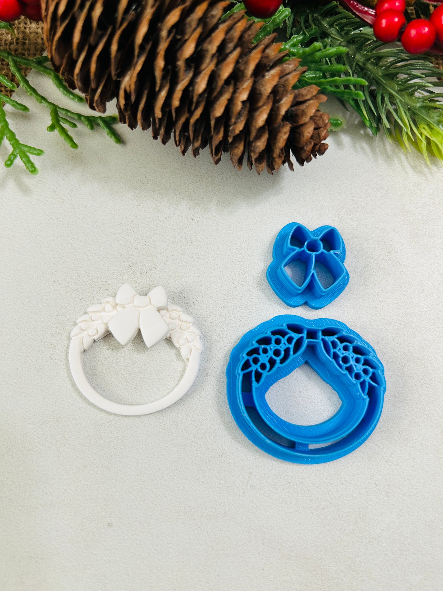 2pc Christmas Wreath Hoop with Bow Imprint Polymer Clay Cutter Set 3 Sizes You Choose