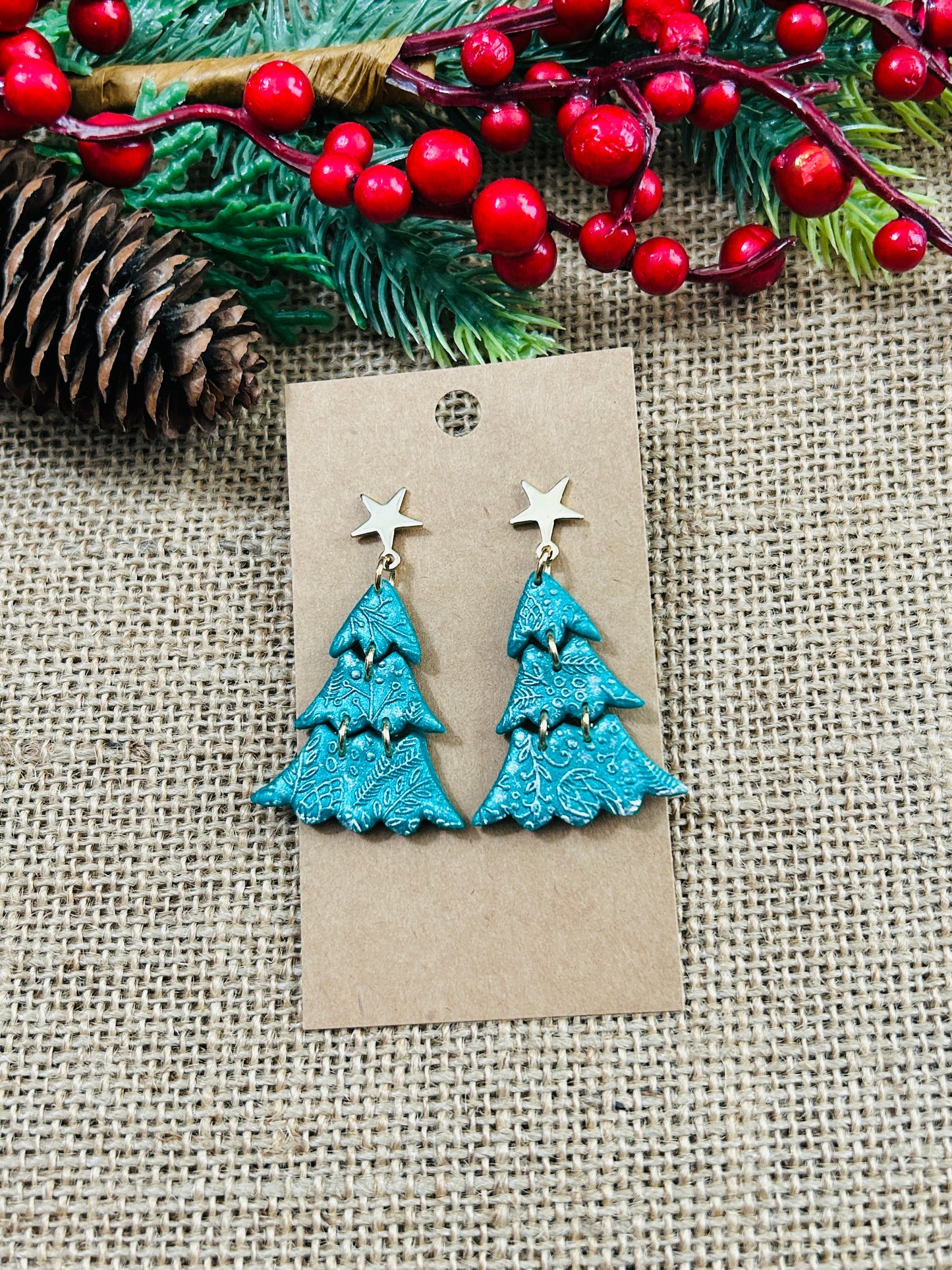 Tiered Wintery Pine Christmas Tree With Gold Star Stud Topper Dangle Earrings
