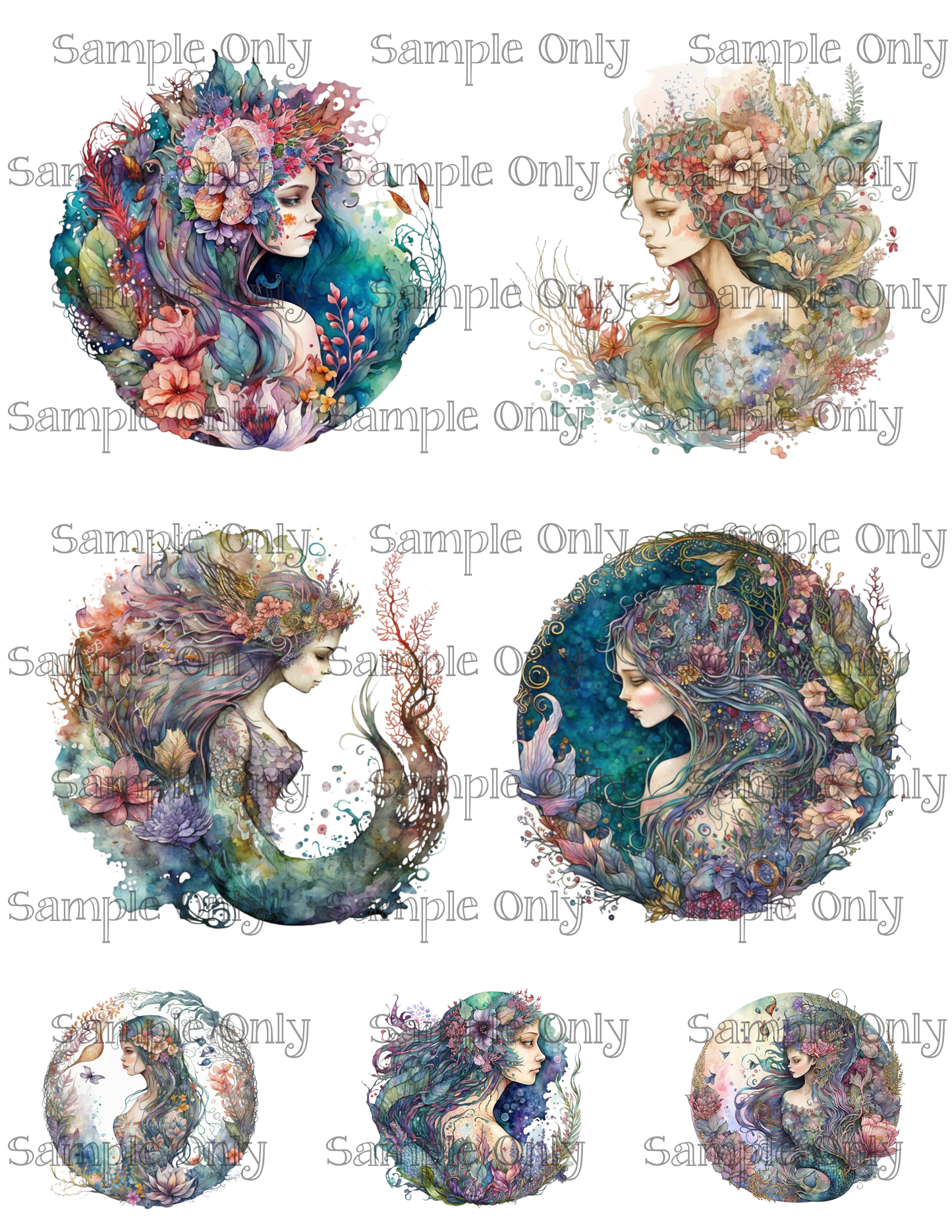 3.5 Inch Mermaid Set-01 Image Sheet For Polymer Clay Transfer Decal DIGITAL FILE OR PRINTED