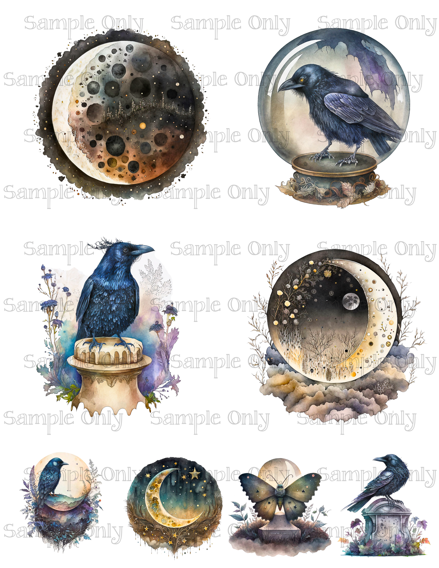 3.5 Inch Mystical Raven Bird Set-01 Image Sheet For Polymer Clay Transfer Decal DIGITAL FILE OR PRINTED