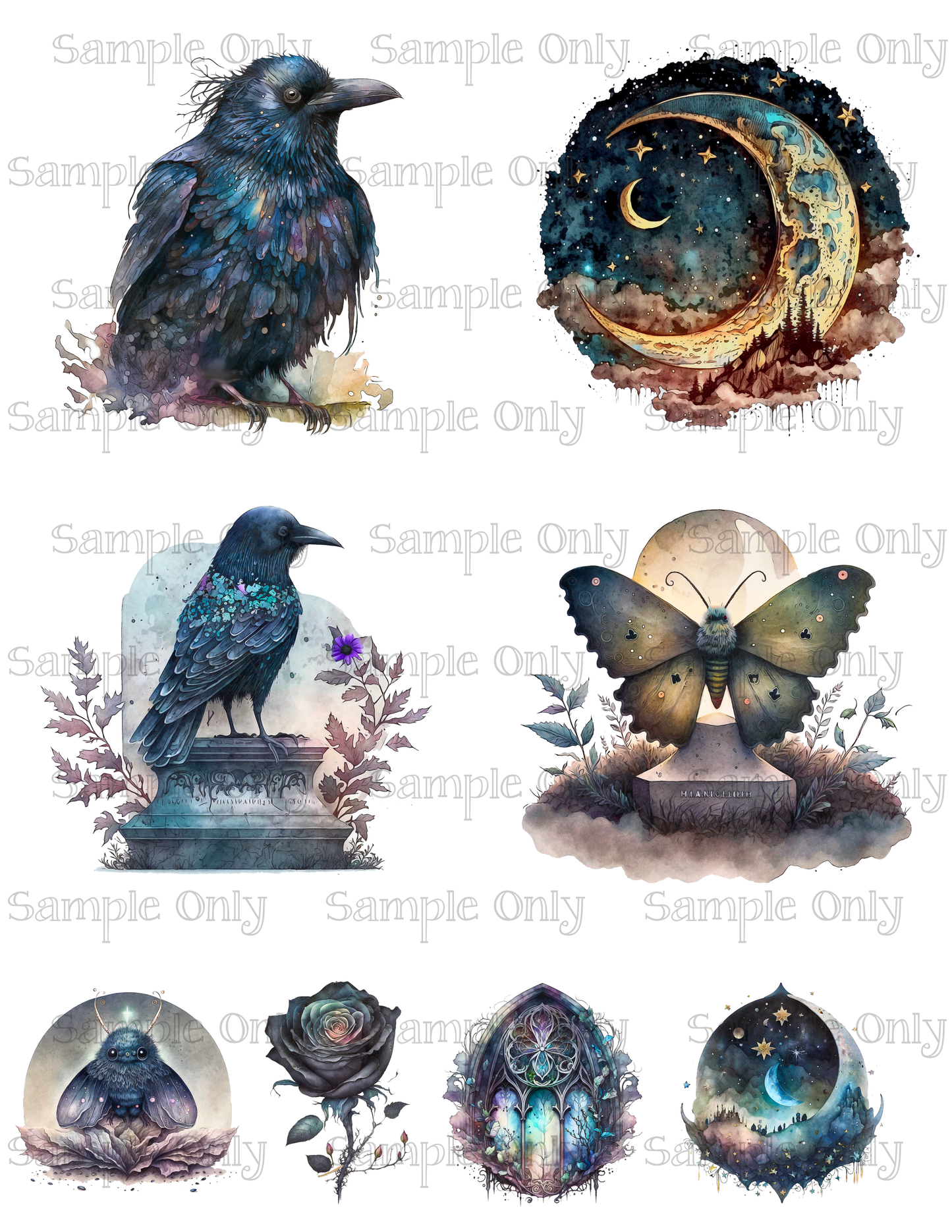 3.5 Inch Mystical Raven Bird Set-04 Image Sheet For Polymer Clay Transfer Decal DIGITAL FILE OR PRINTED