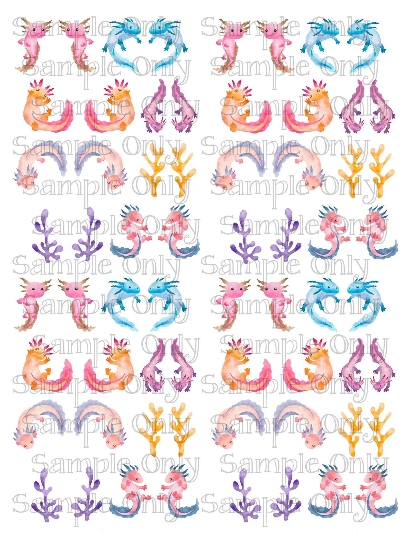Pastel Axolotl Printed Water Soluble Image Transfer Sheet For Polymer Clay
