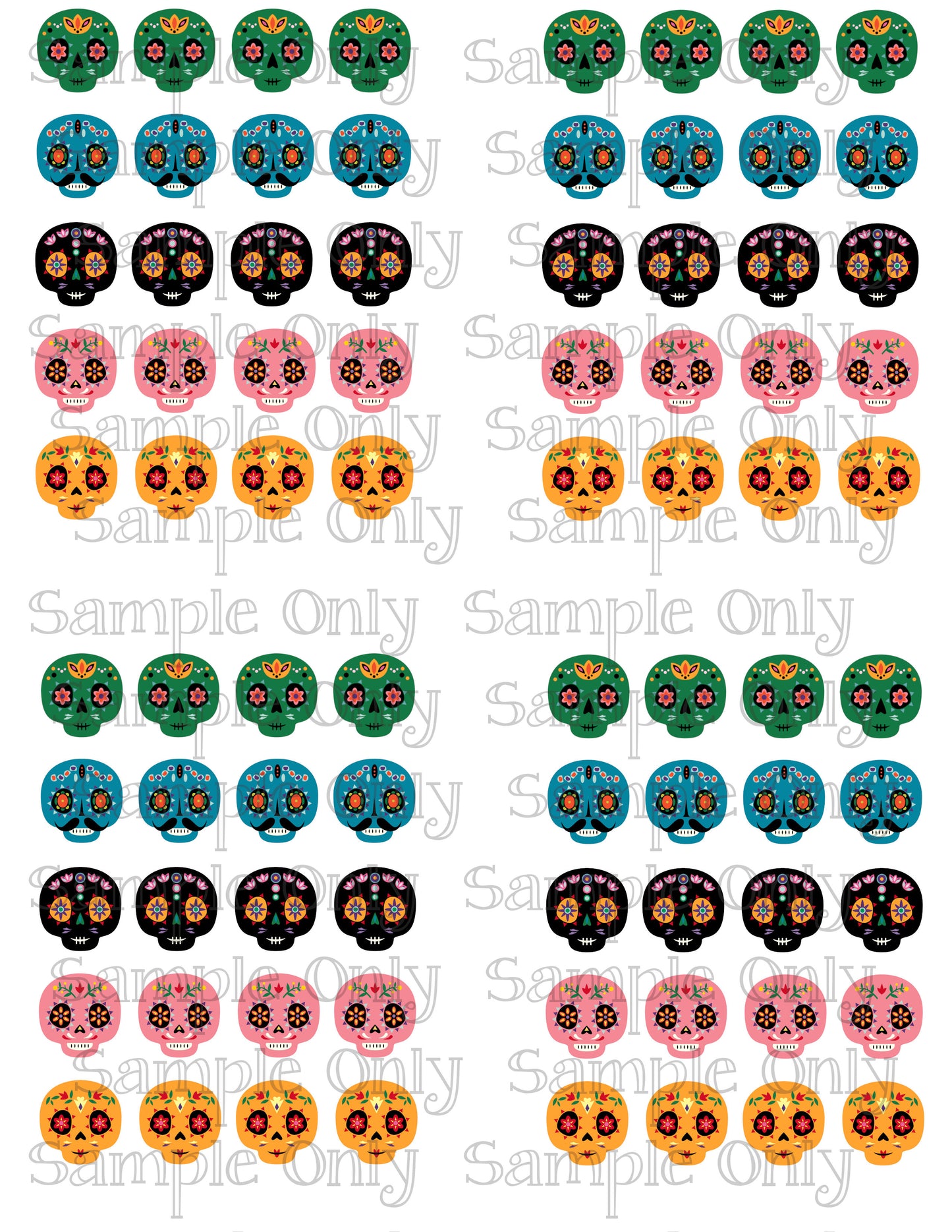 Colorful Sugar Skulls Stud Size Image Sheet For Polymer Clay Transfer Decal DIGITAL FILE OR PRINTED