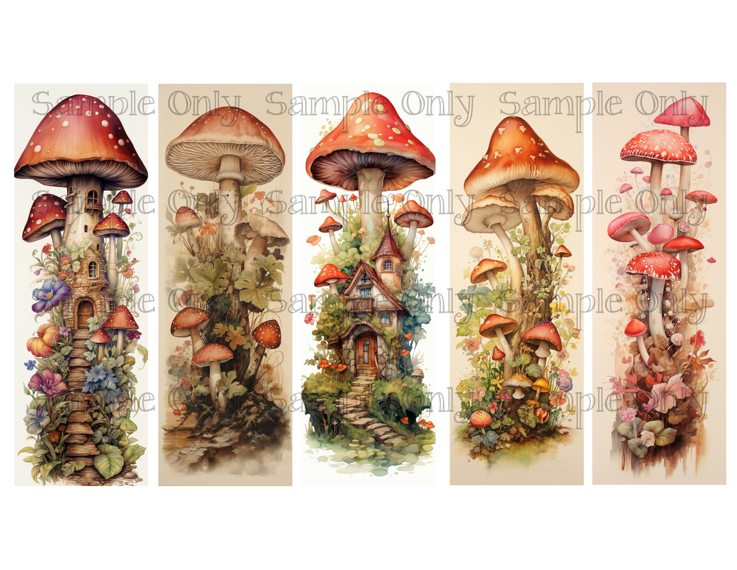 Mushrooms Houses Bookmark Set 03 Printed Water Soluble Image Transfer Sheet For Polymer Clay