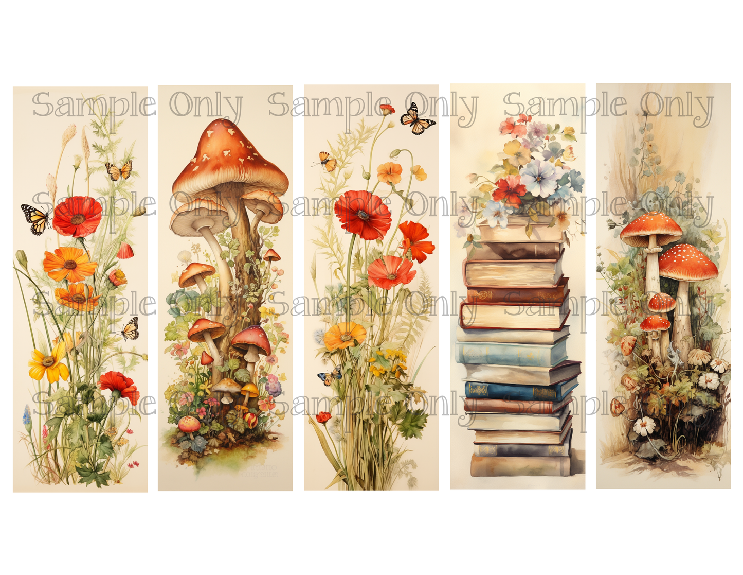 Mushrooms and Flowers Bookmark Set 02 Printed Water Soluble Image Transfer Sheet For Polymer Clay