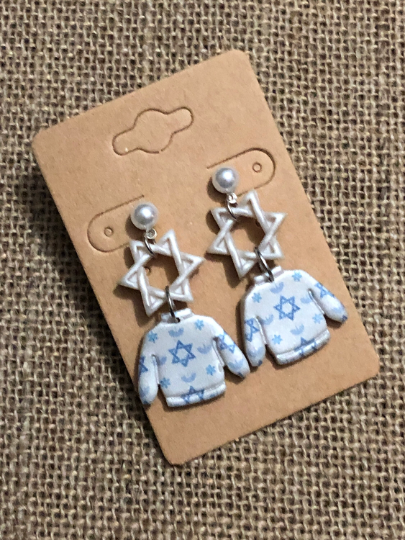Hanukkah Sweater Pearl Dangle Earrings YOU CHOOSE Star Of David Menorah