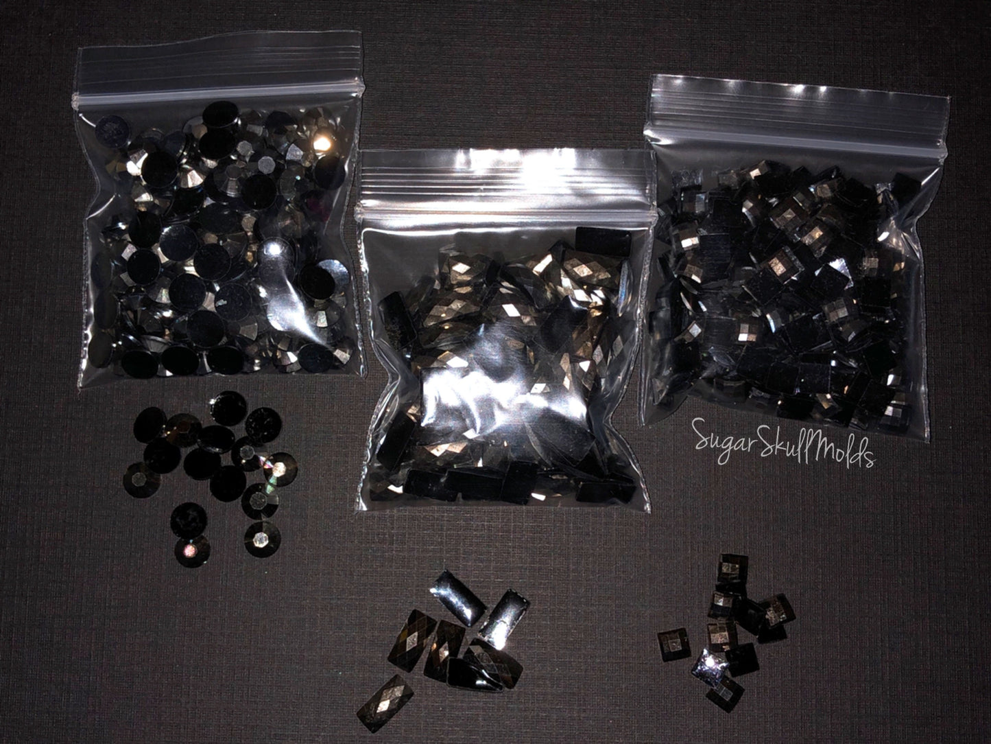 Set Of 3 Bags Of Assorted Shape Gunmetal Acrylic Rhinestone Flatback Cabochon