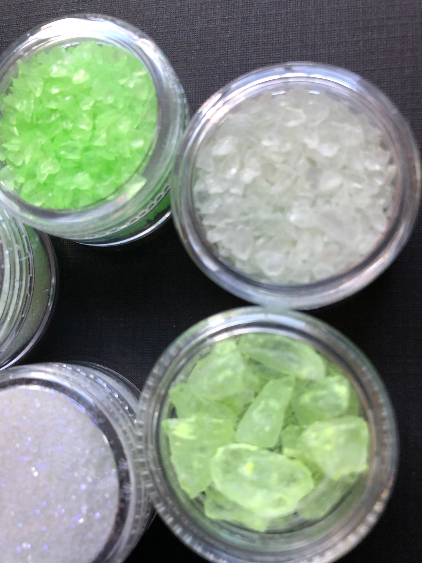5 Jars Of Assorted Glow In The Dark Luminous Rocks Glitter Dust Phosphorescent Crushed Glass