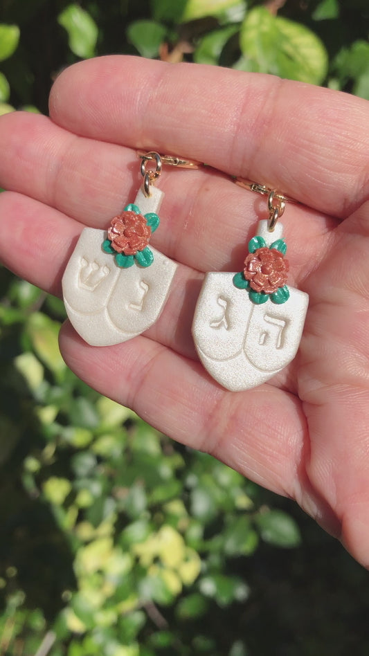 Floral Hanukkah Dreidel Statement  Dangle Earrings