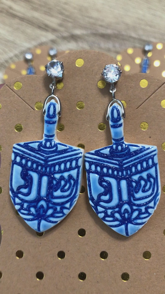 Ornate Hanukkah Dreidel Crystal Statement  Dangle Earrings