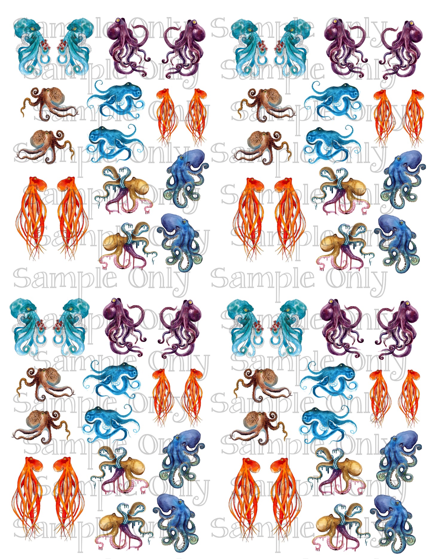 Watercolor Octopus Image Sheet For Polymer Clay Transfer Decal DIGITAL FILE OR PRINTED