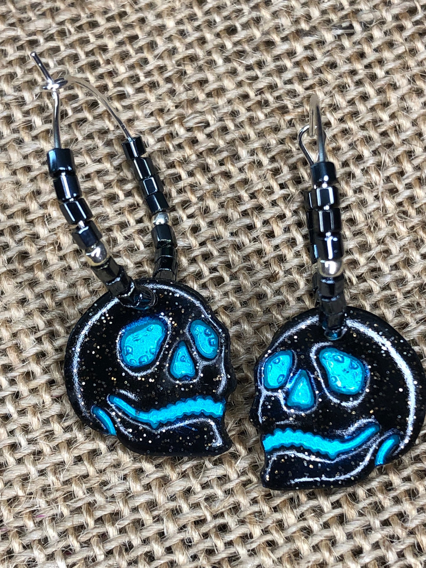 Hand Painted Spooky Skeleton Skull Head Beaded Hoop Earrings YOU CHOOSE 7 Colors
