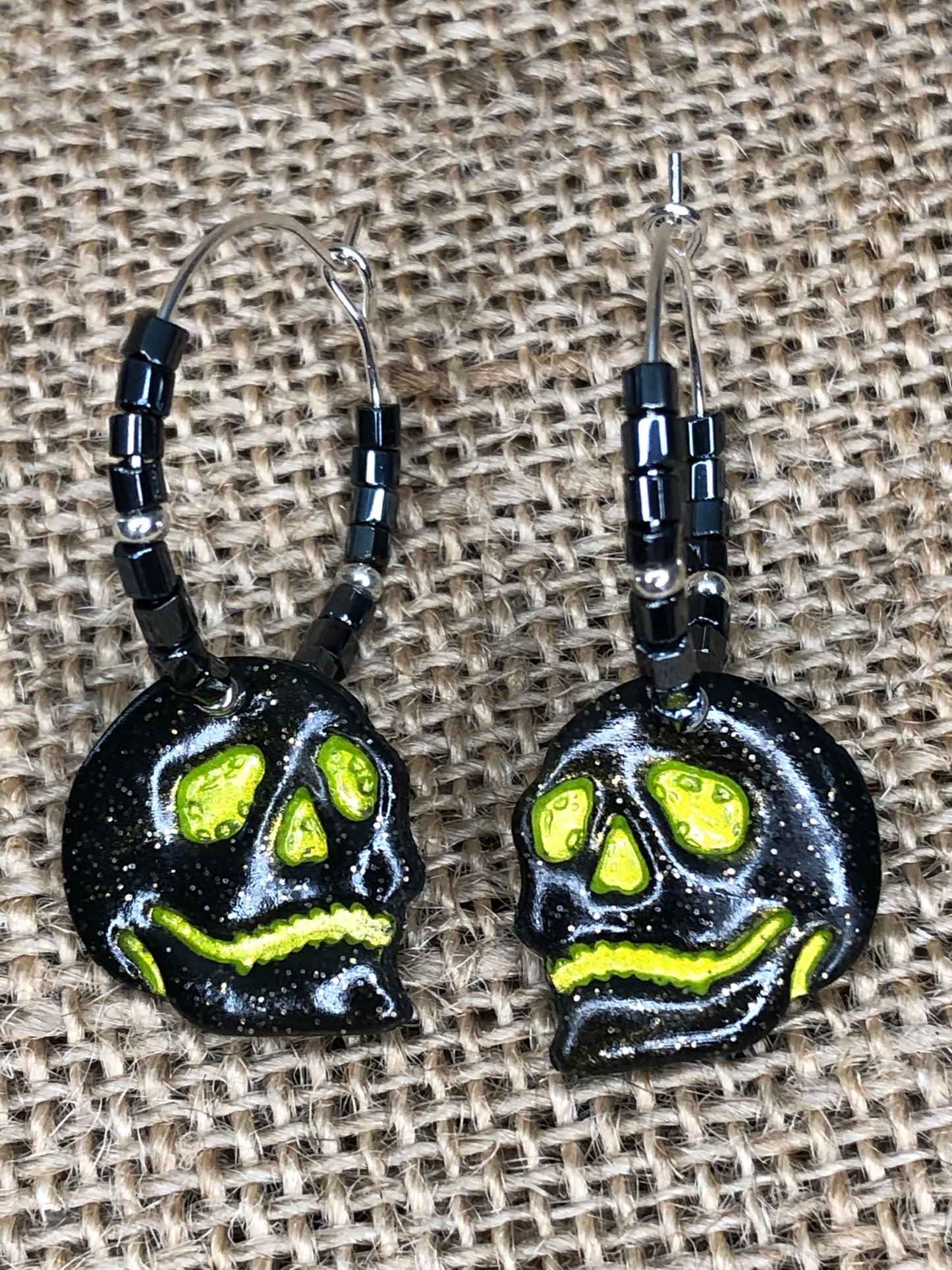 Hand Painted Spooky Skeleton Skull Head Beaded Hoop Earrings YOU CHOOSE 7 Colors