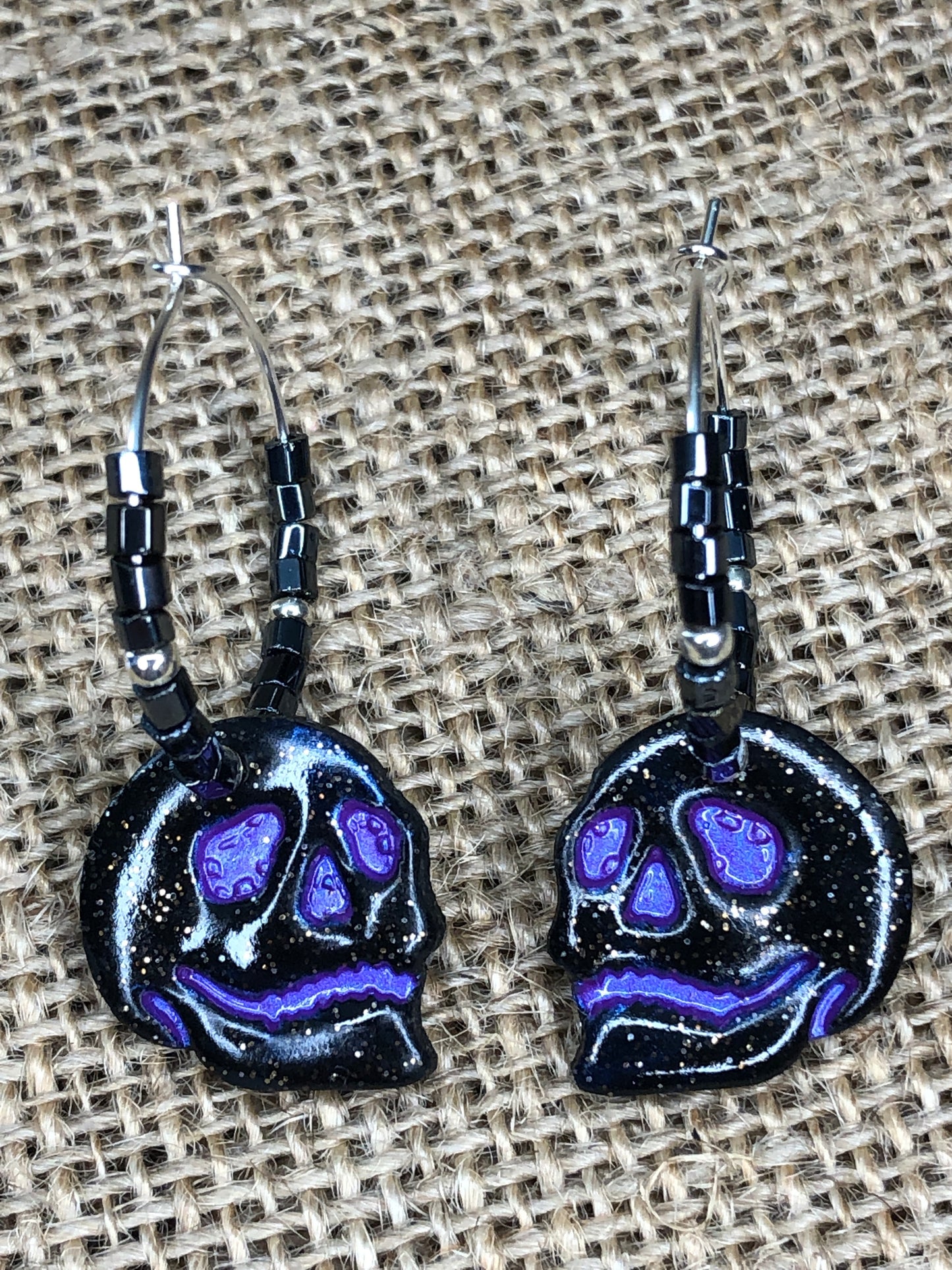 Hand Painted Spooky Skeleton Skull Head Beaded Hoop Earrings YOU CHOOSE 7 Colors