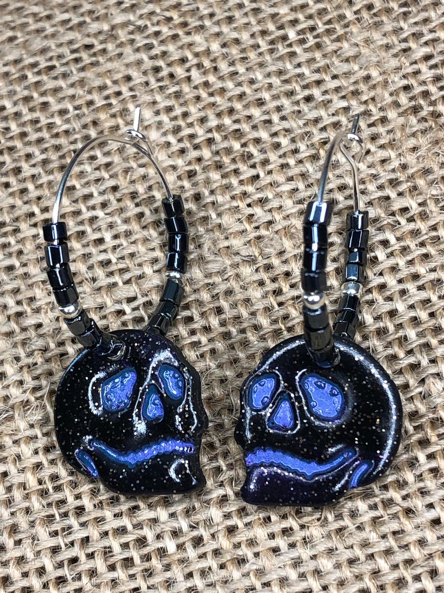 Hand Painted Spooky Skeleton Skull Head Beaded Hoop Earrings YOU CHOOSE 7 Colors