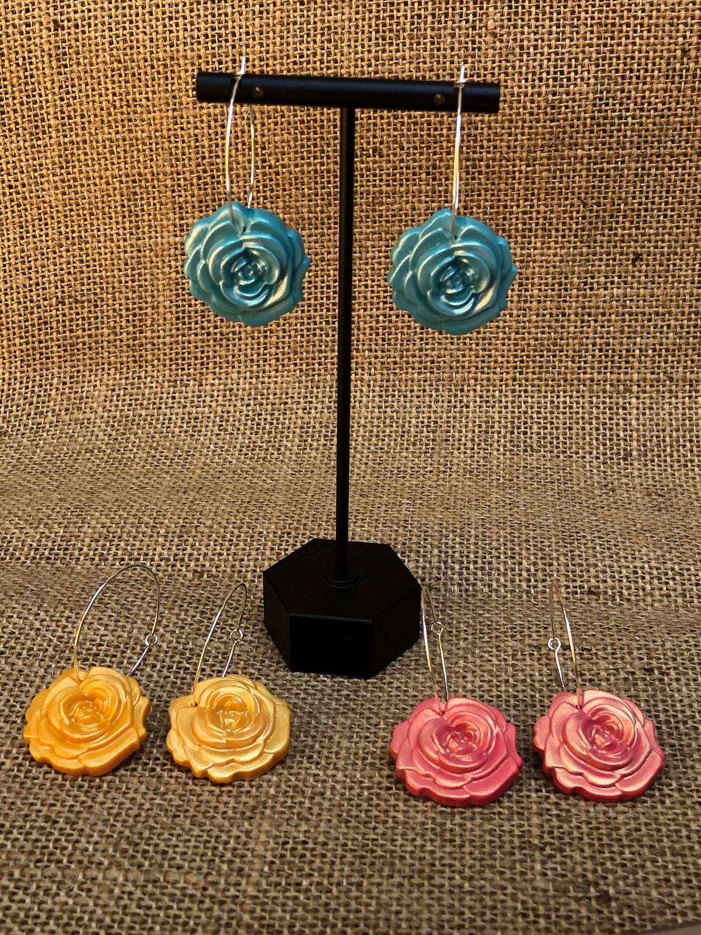 Shimmery Rose Floral Hoop Earrings YOU CHOOSE
