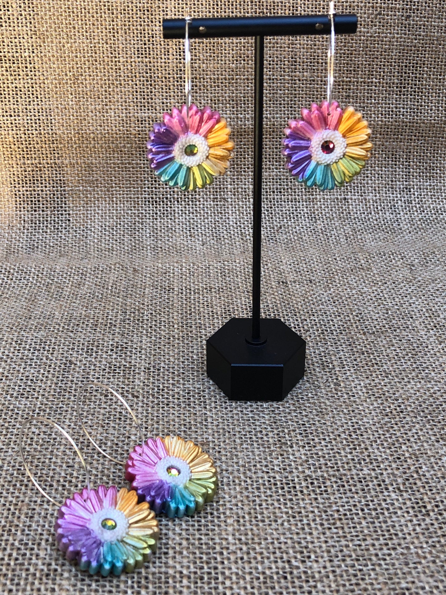 Boho Bright Bloom Rainbow Rhinestone Gerbera Daisy Floral Hoop Earrings