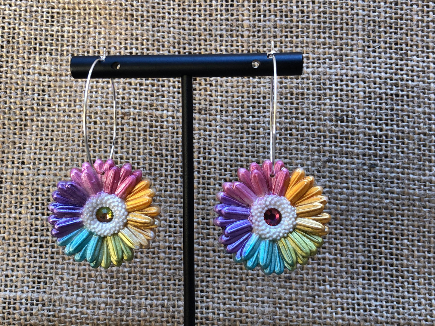 Boho Bright Bloom Rainbow Rhinestone Gerbera Daisy Floral Hoop Earrings