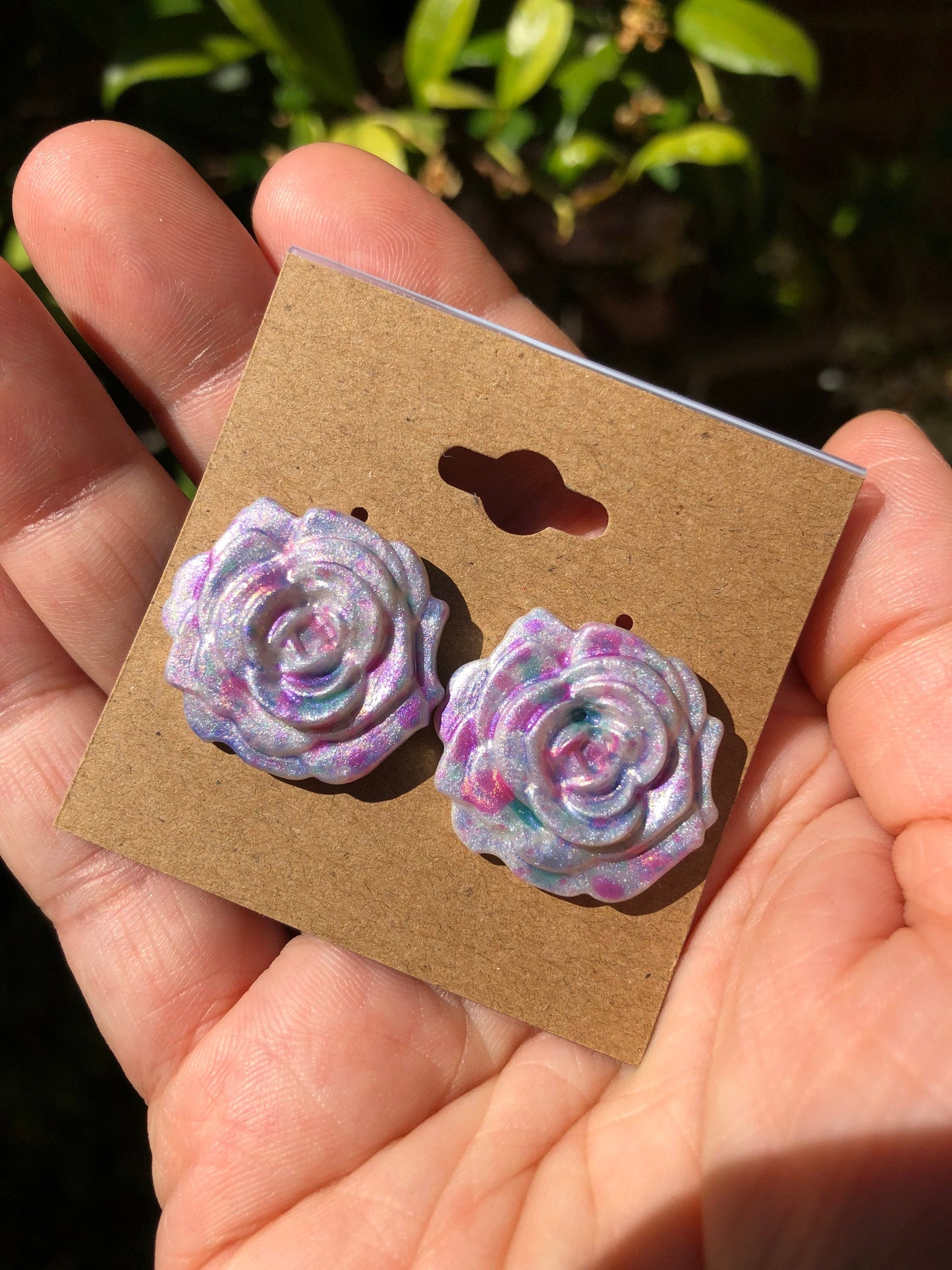 Hand Painted Galaxy Rose Shimmery Splatter Floral Stud Earrings YOU CHOOSE