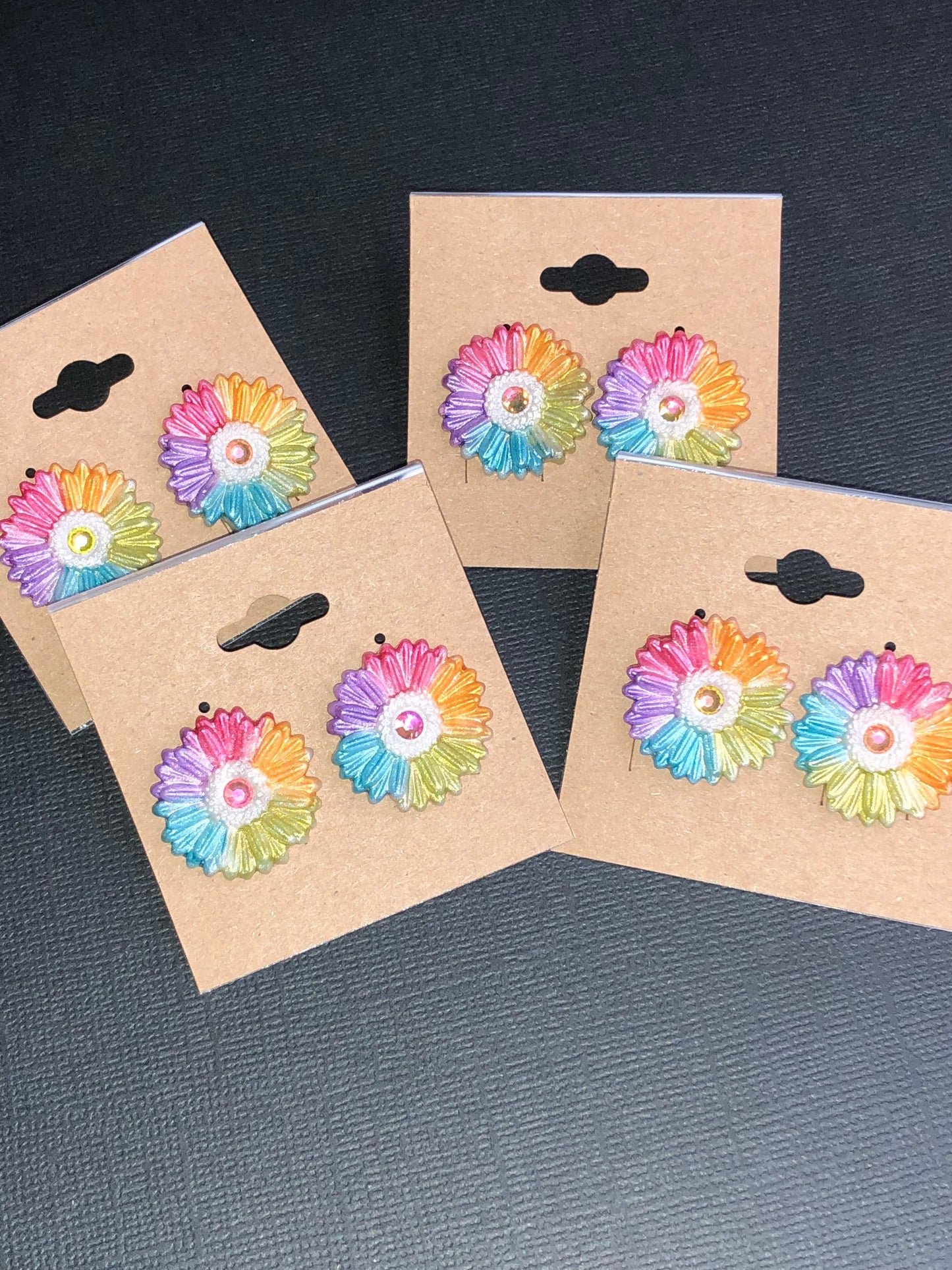 Boho Bright Rainbow Rhinestone Gerbera Daisy Polymer Clay Floral Stud Earrings