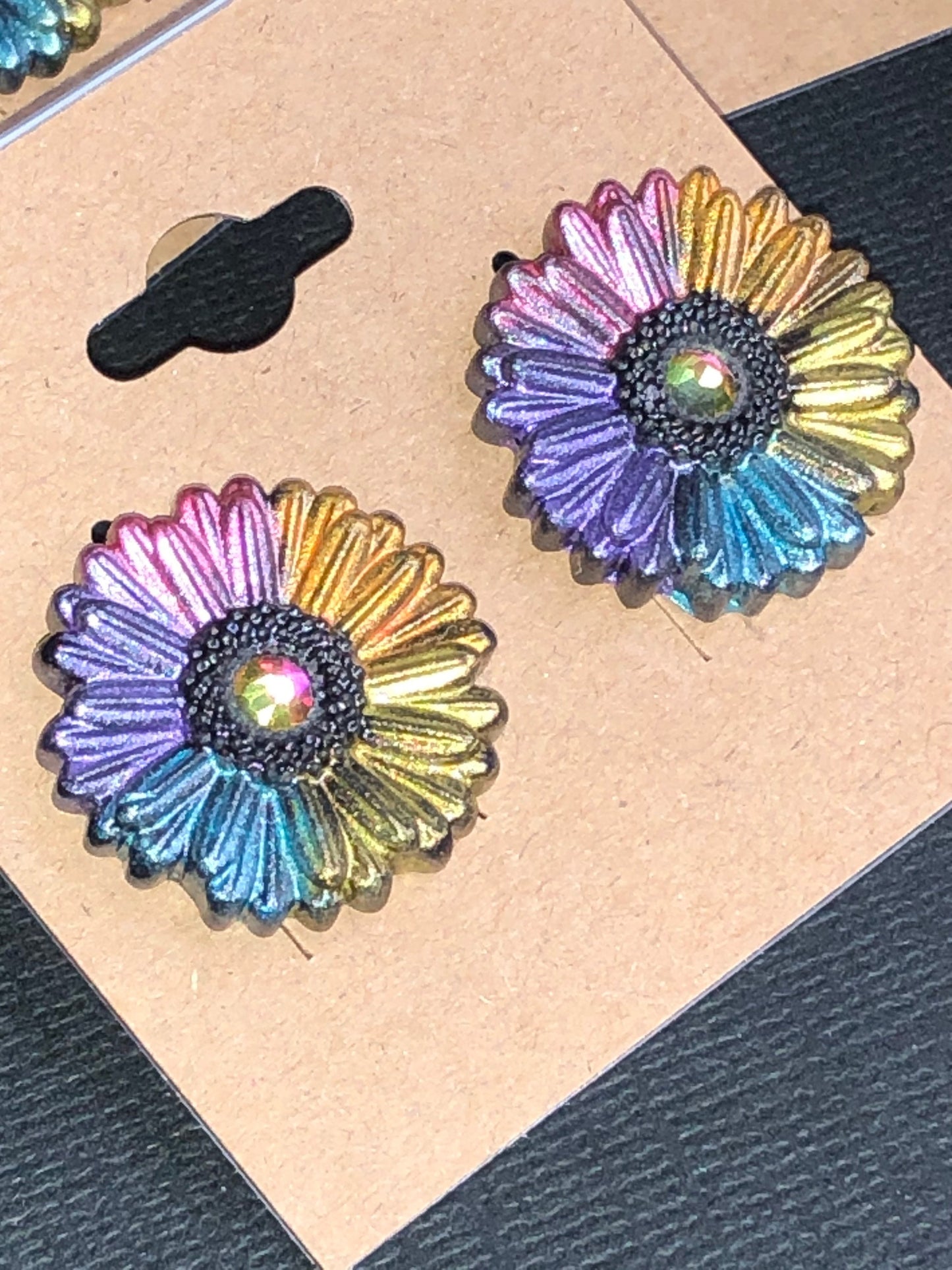 Boho Bloom Dark Rainbow Rhinestone Gerbera Daisy Polymer Clay Floral Stud Earrings