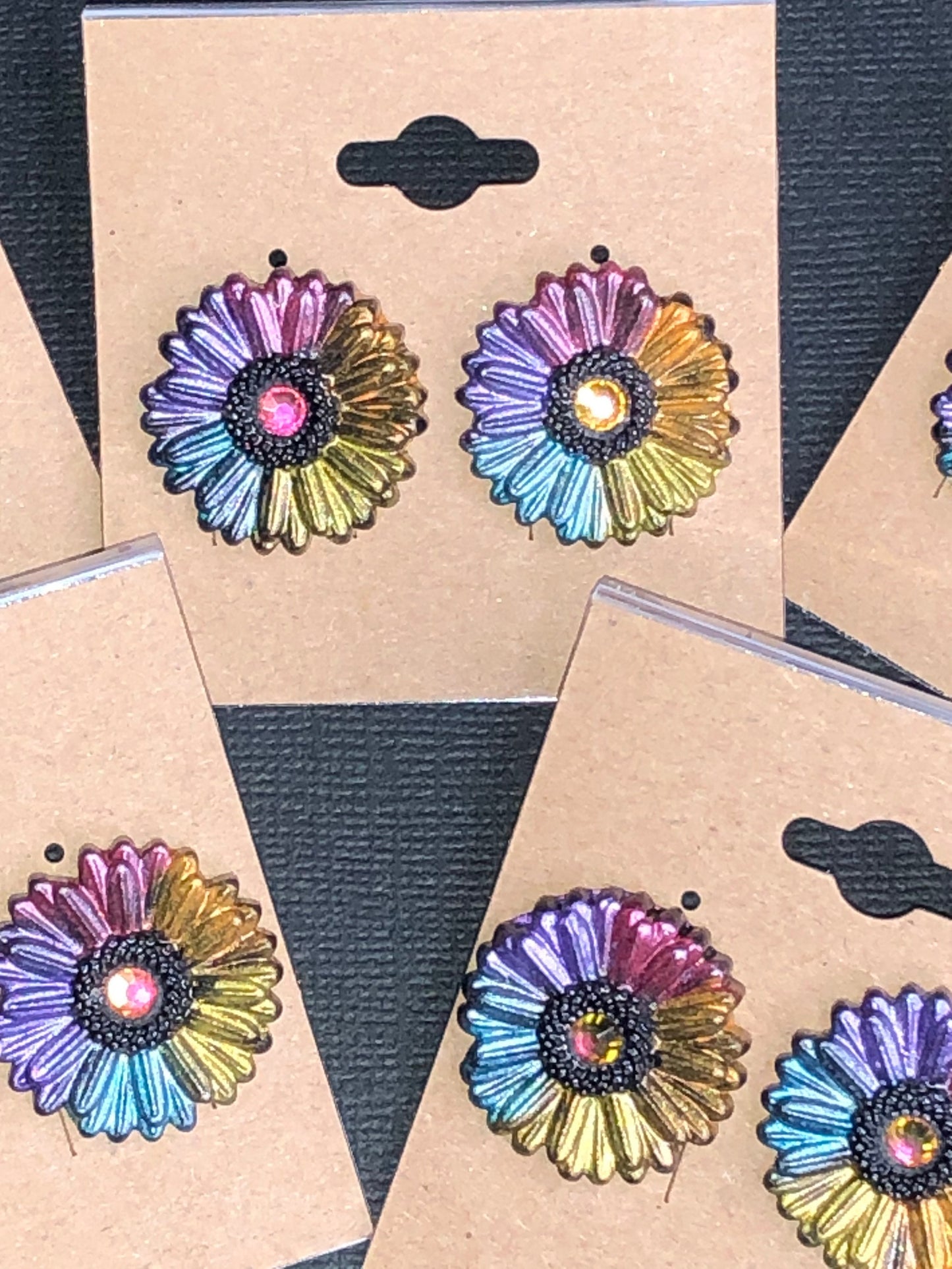 Boho Bloom Dark Rainbow Rhinestone Gerbera Daisy Polymer Clay Floral Stud Earrings