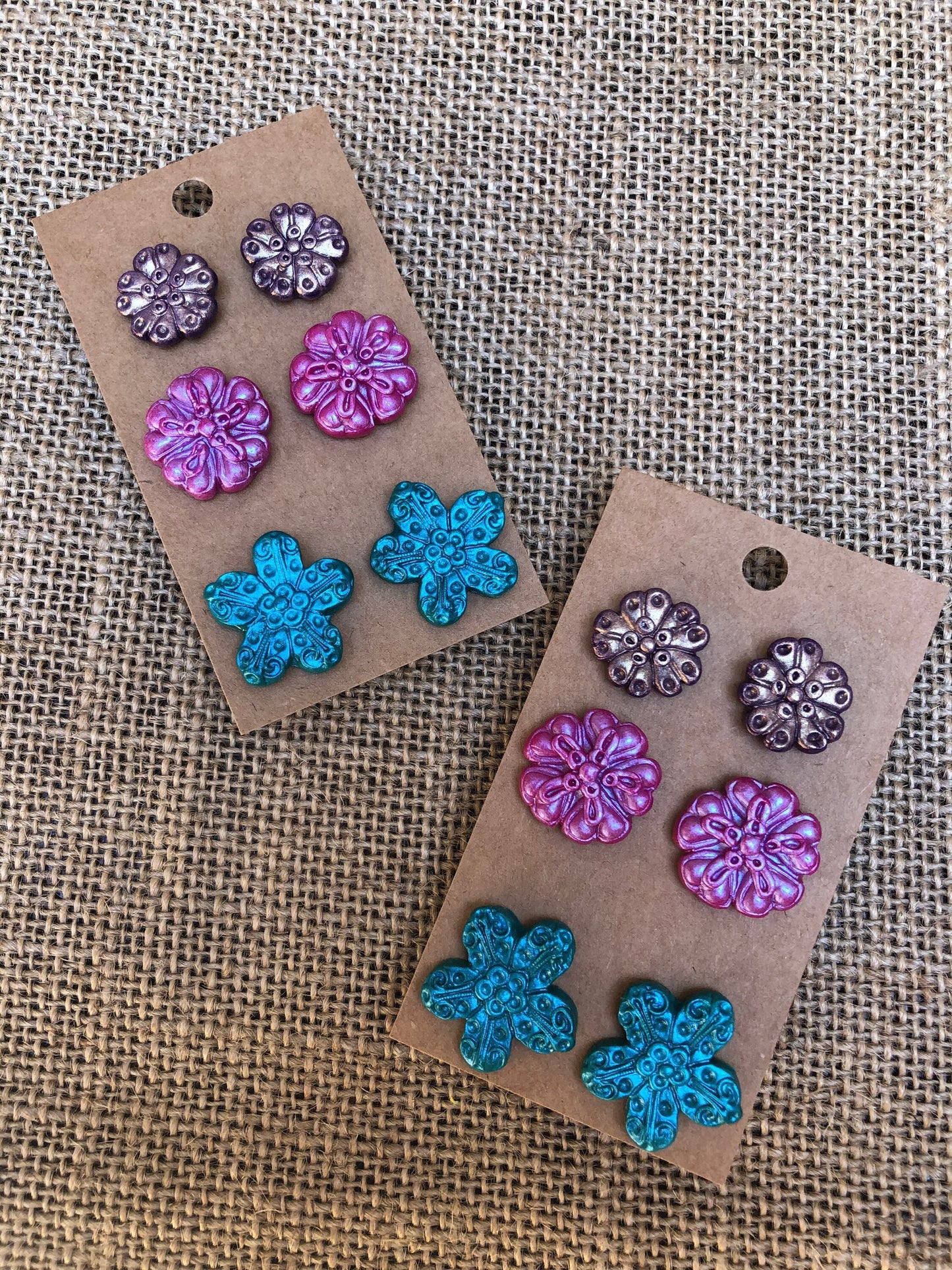 3 Pair Colorful Bright Blooms Floral Stud Earring Sets