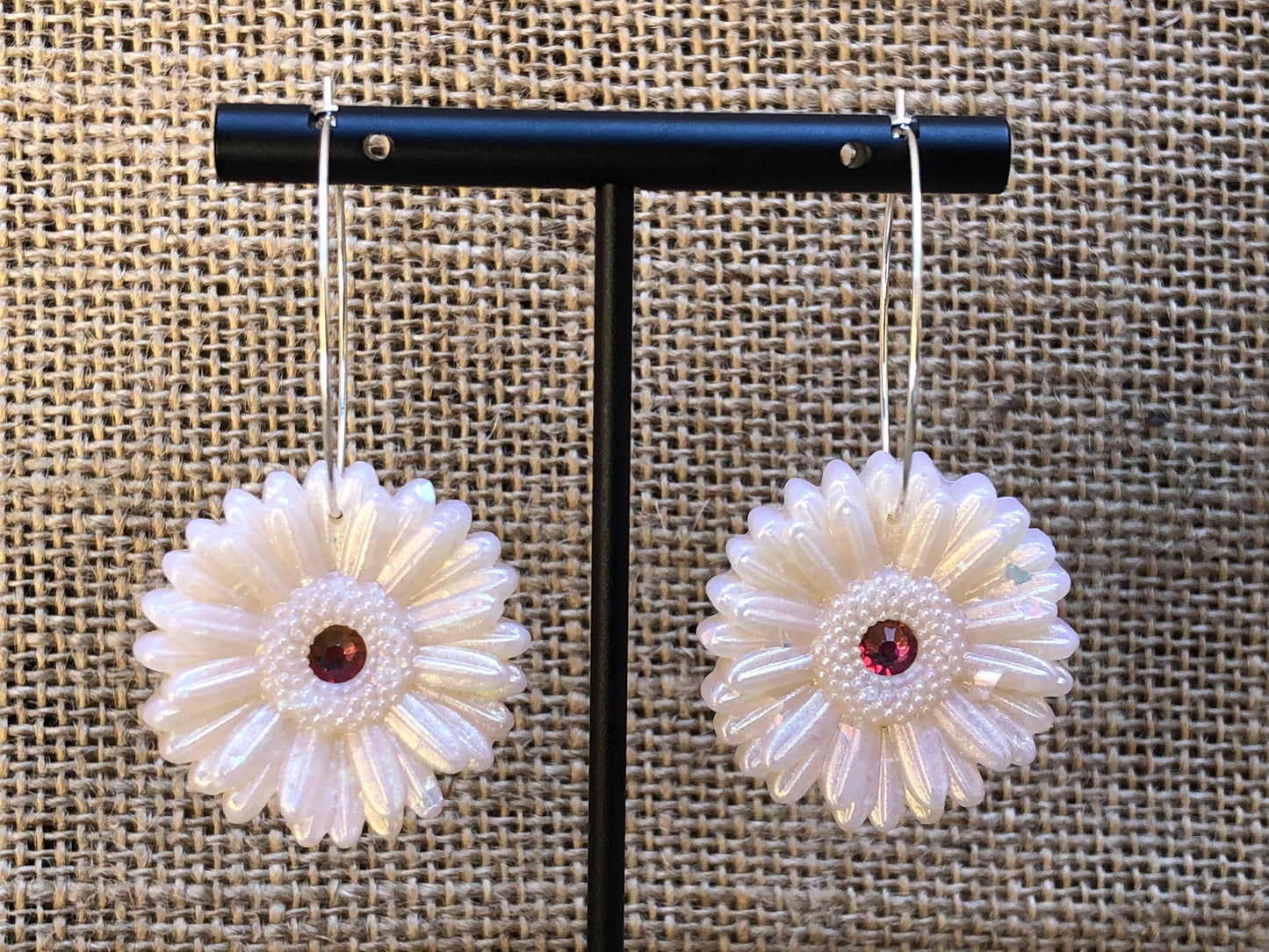 Boho Shimmery Opal Bloom Floral Rainbow Rhinestone Gerbera Daisy Hoop Earrings YOU CHOOSE